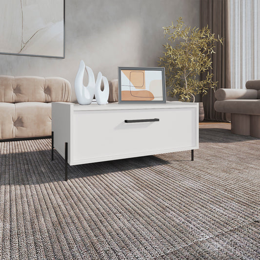 Modern white coffee table with black metal legs and one drawer