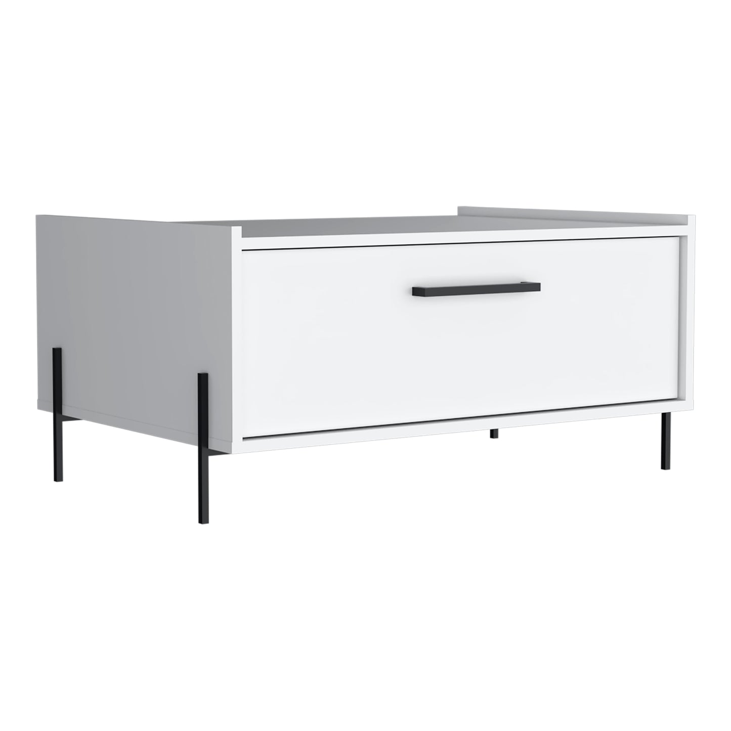 Modern white bedside table with black handle and tapered legs