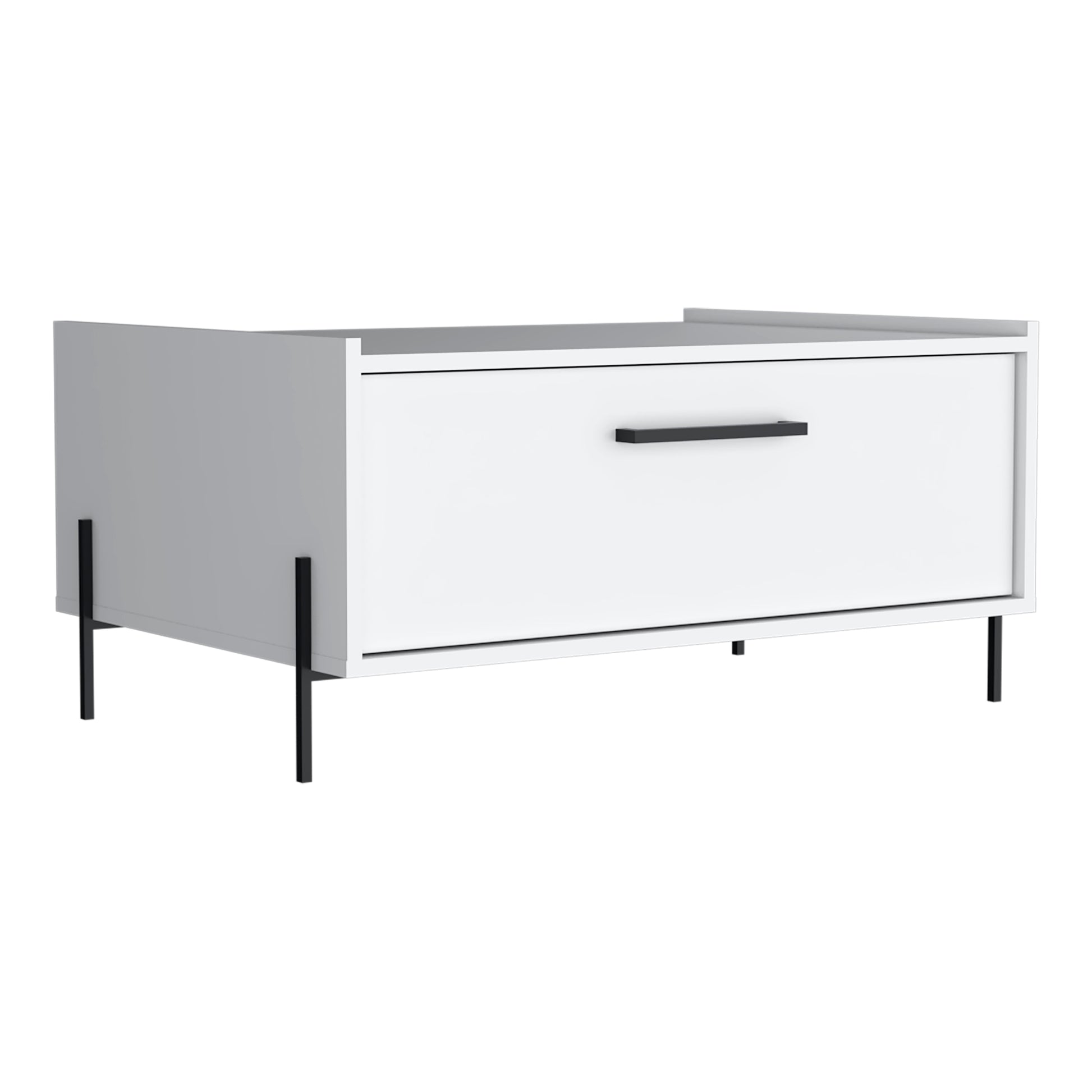 Modern white bedside table with black handle and tapered legs