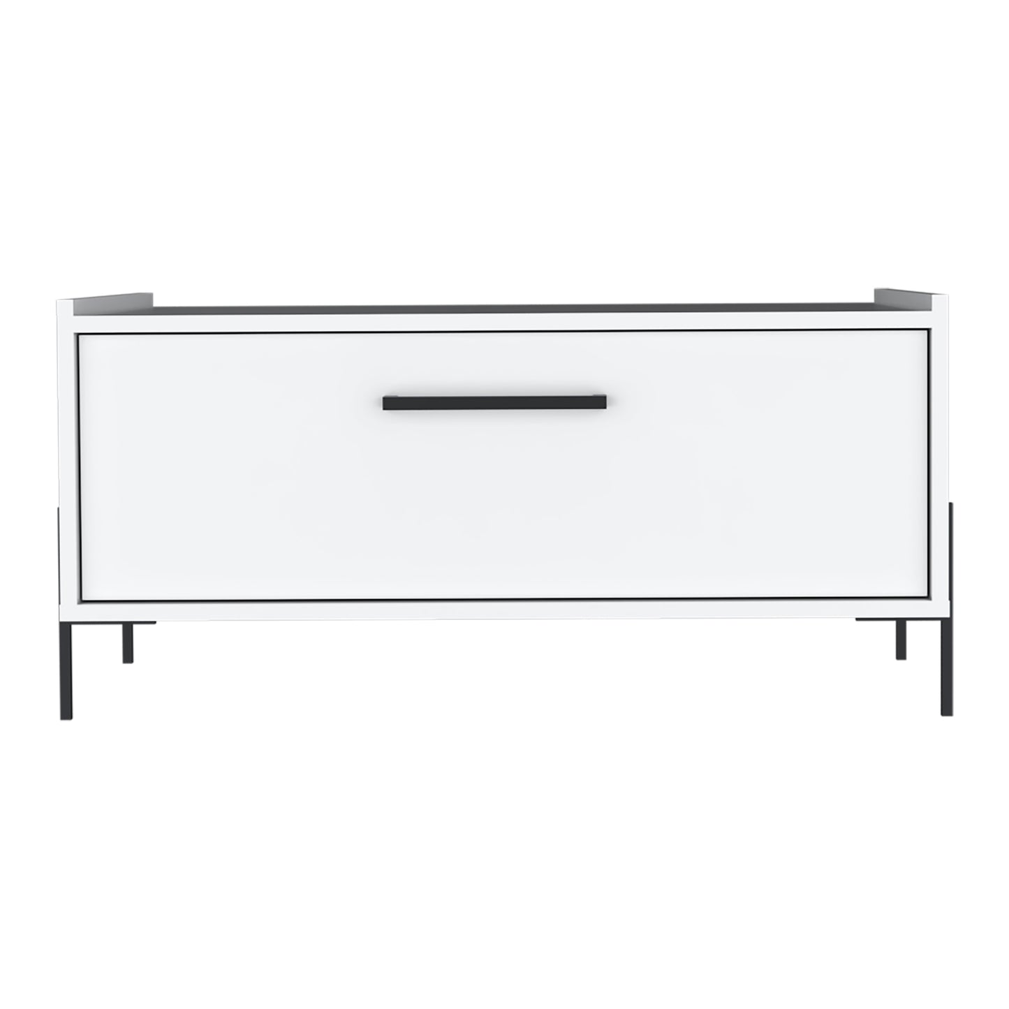 White minimalist shoe cabinet with a single drawer and black metal legs