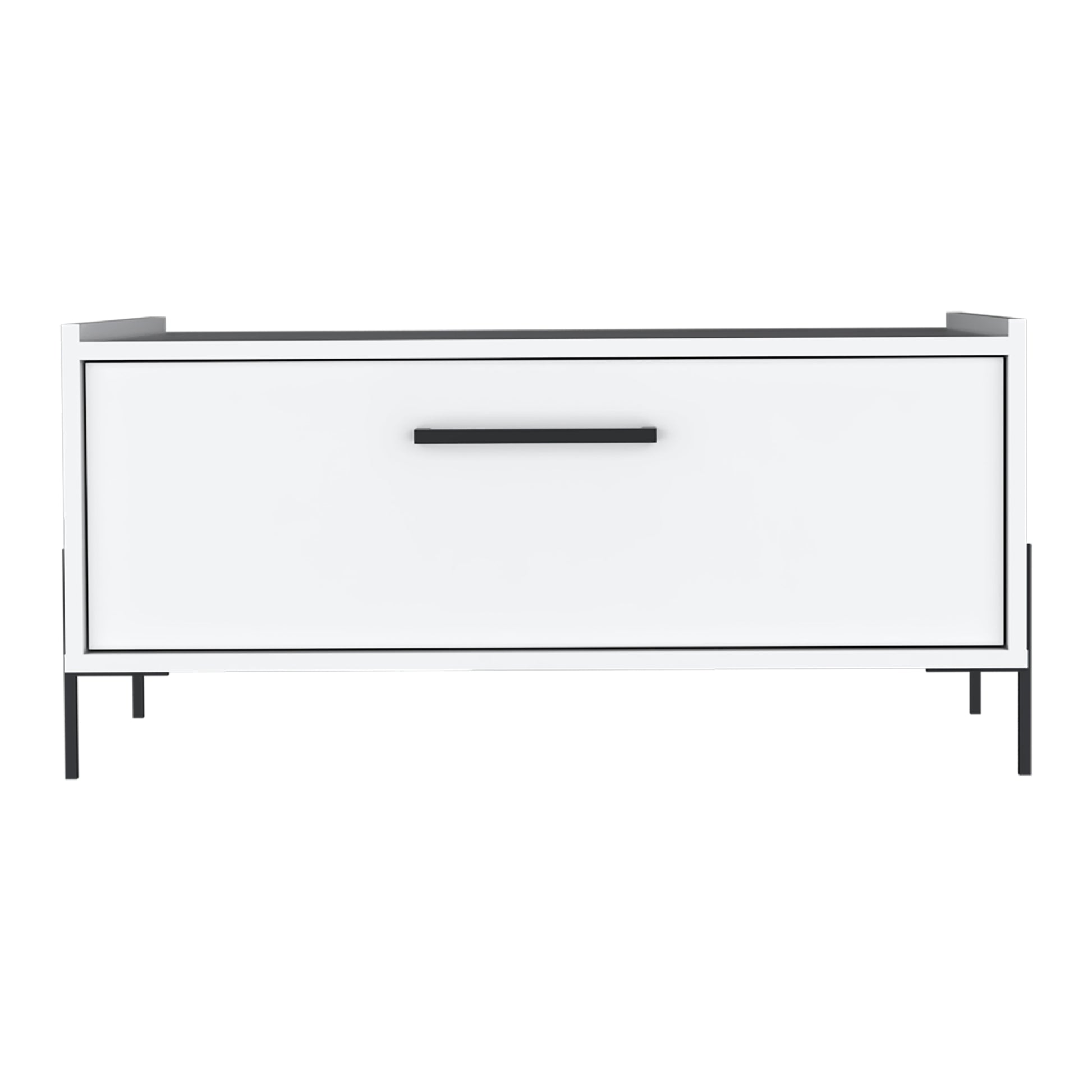 White minimalist shoe cabinet with a single drawer and black metal legs