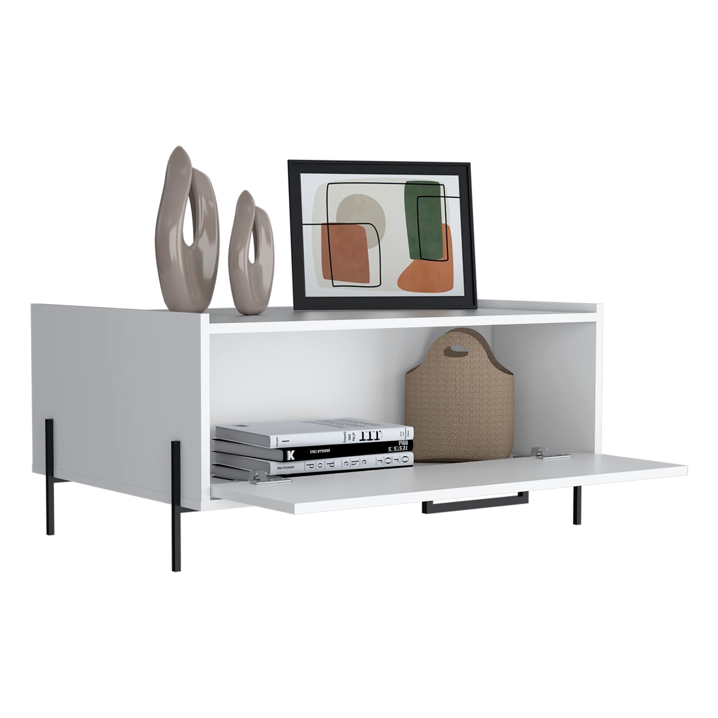 White modern credenza with abstract art and decor