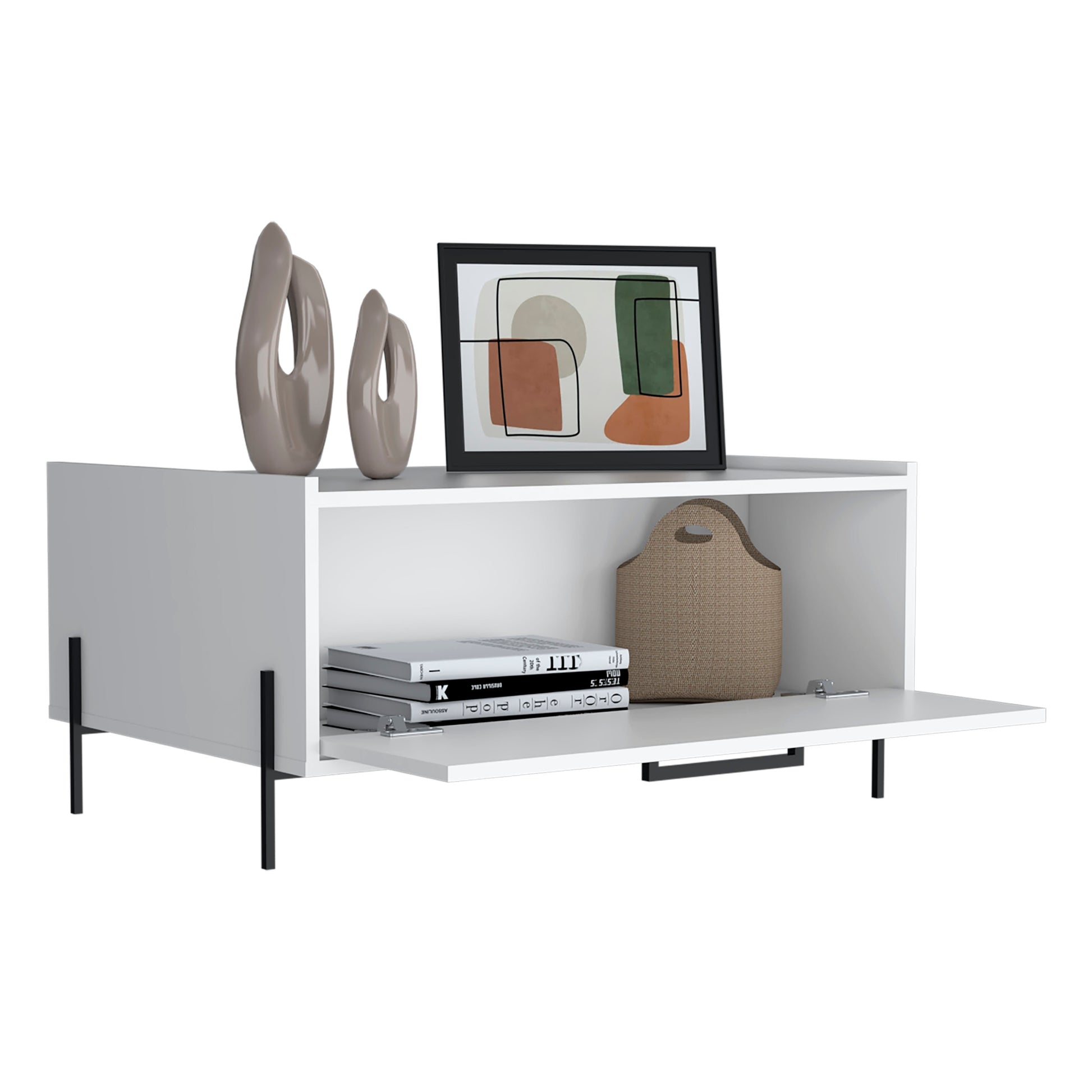 White modern credenza with abstract art and decor