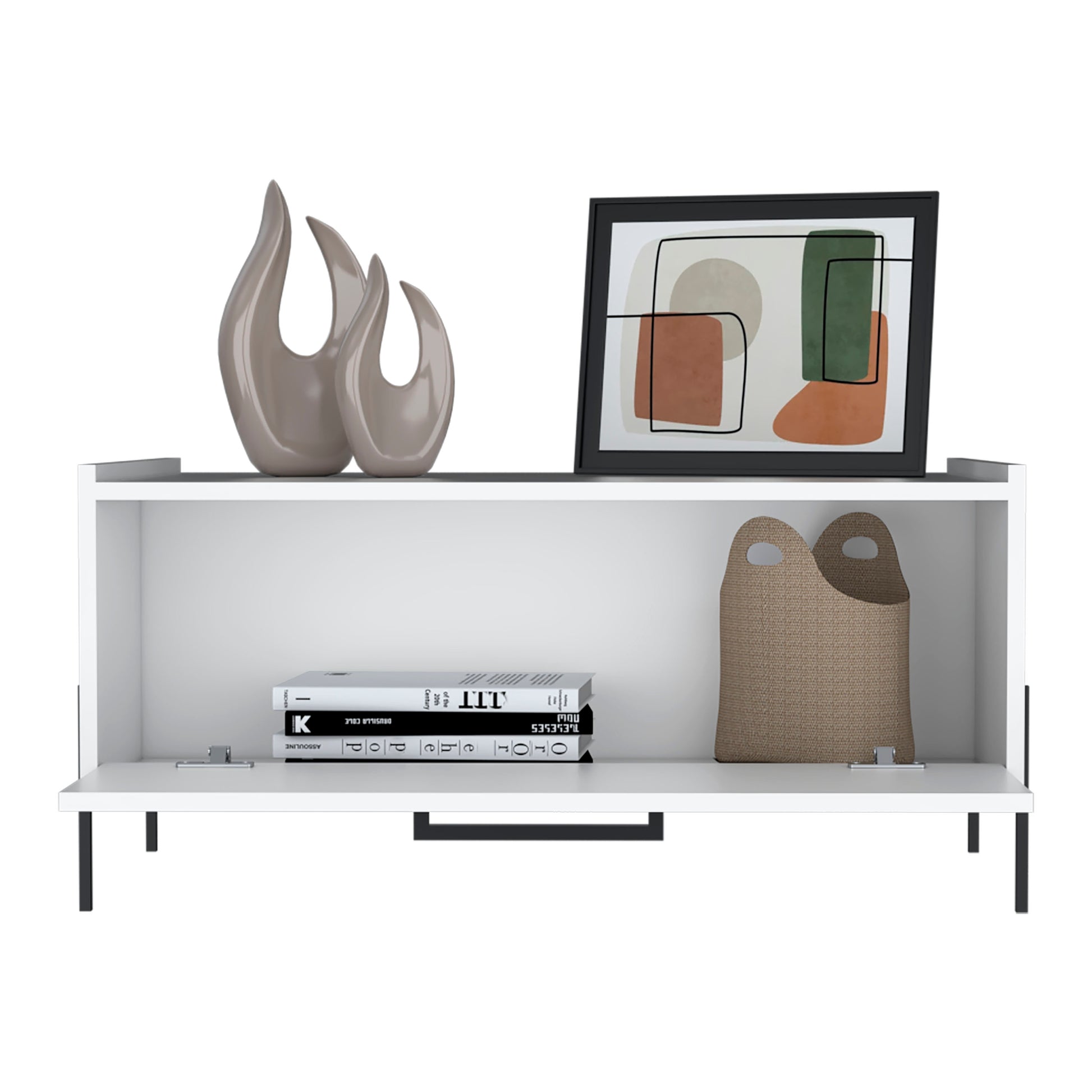 Abstract sculpture in taupe ceramic on a modern white media console