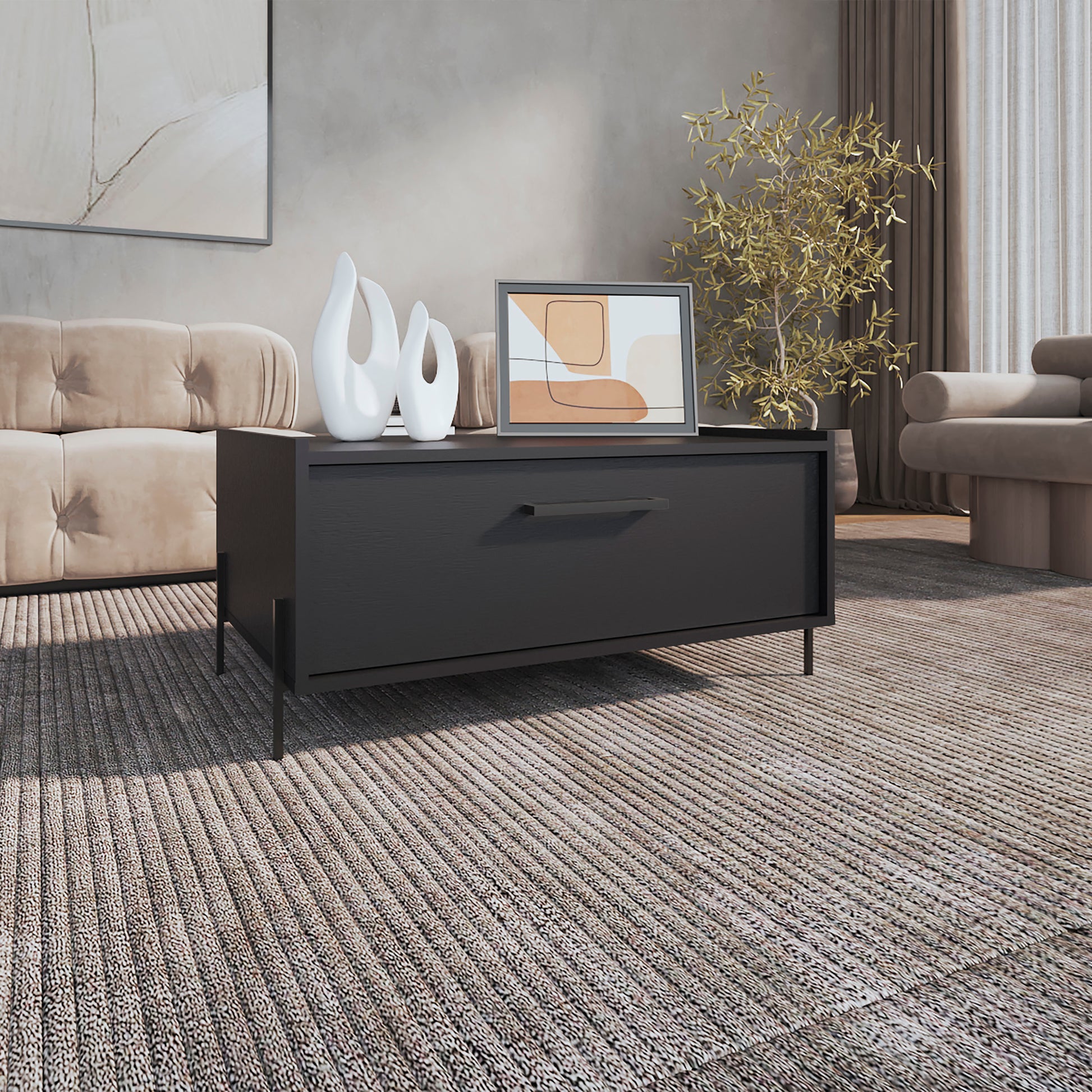 Black modern console table with single drawer and metal handle
