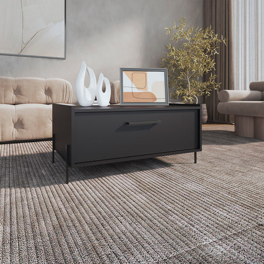 Black modern console table with single drawer and metal handle