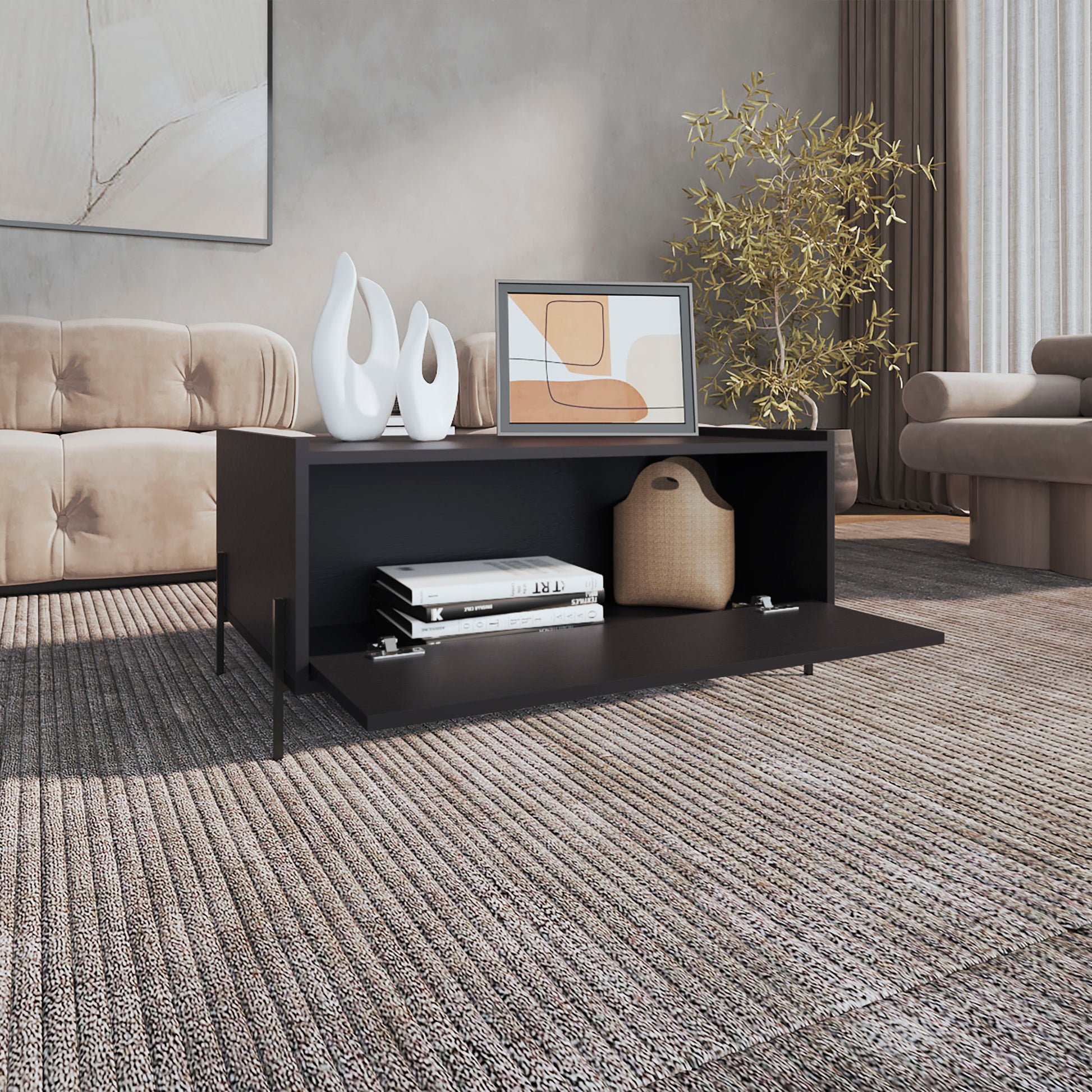 Modern black media console with open shelf