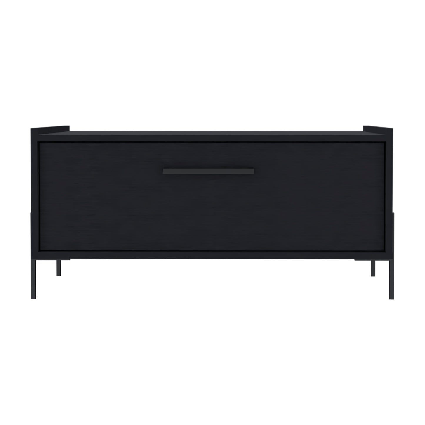 Black wood shoe cabinet with brushed nickel pull and metal legs