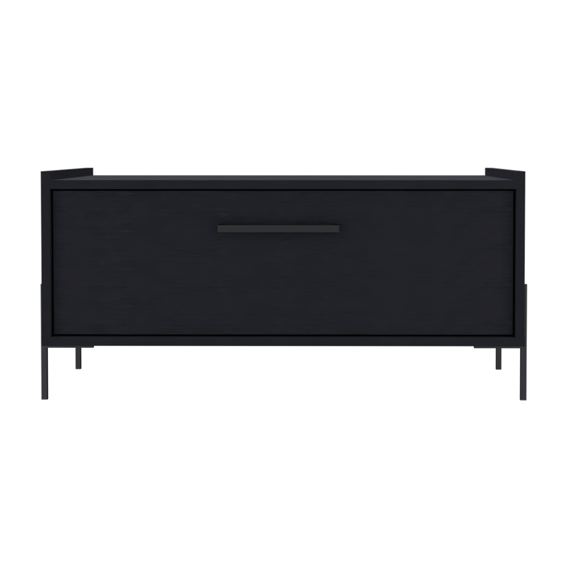 Black wood shoe cabinet with brushed nickel pull and metal legs