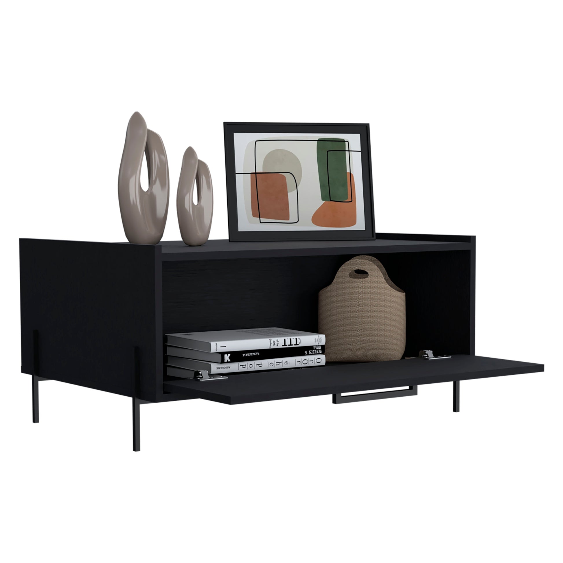 Sleek black media console with open shelving modern art and decorative vases