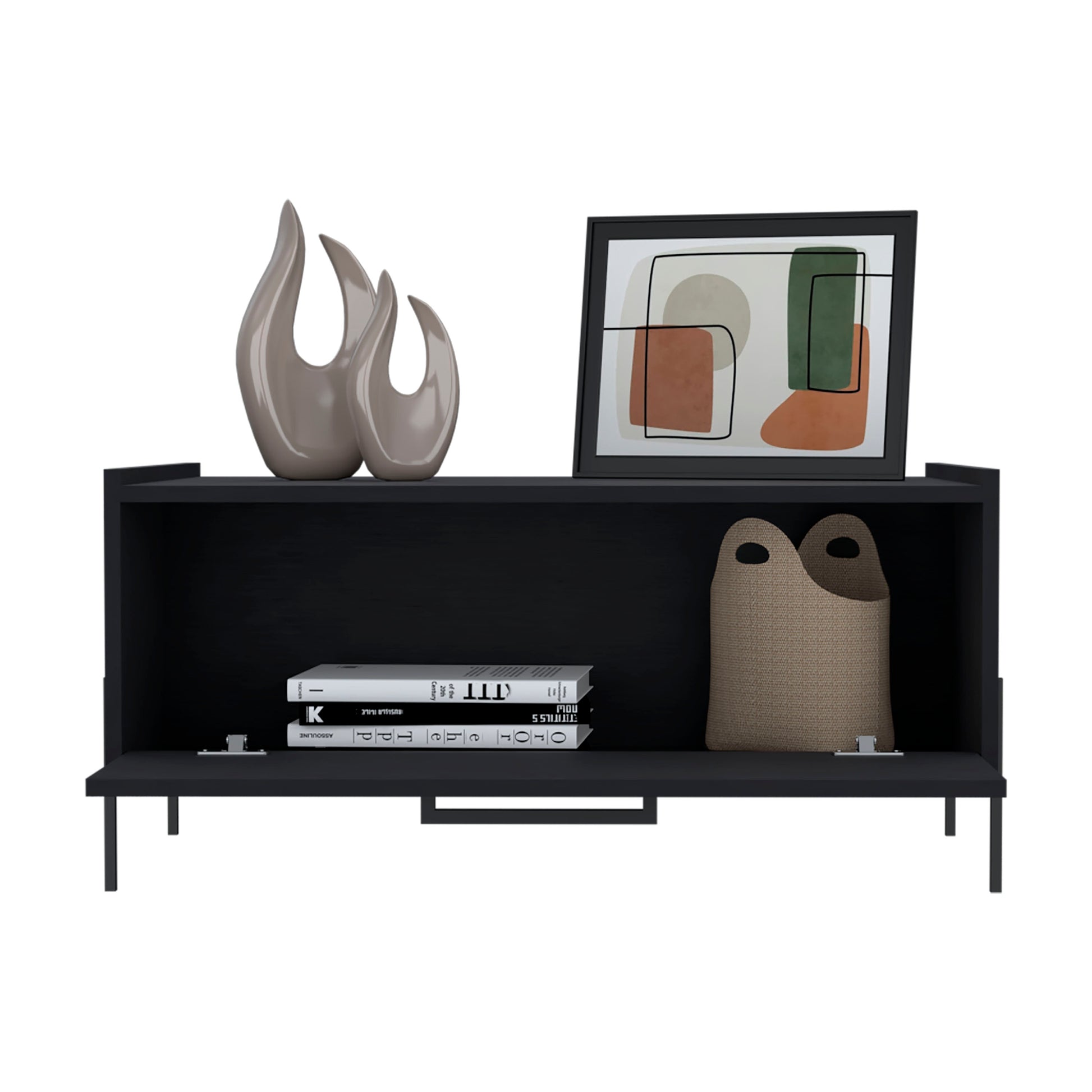 Modern black console table with abstract sculpture and art print