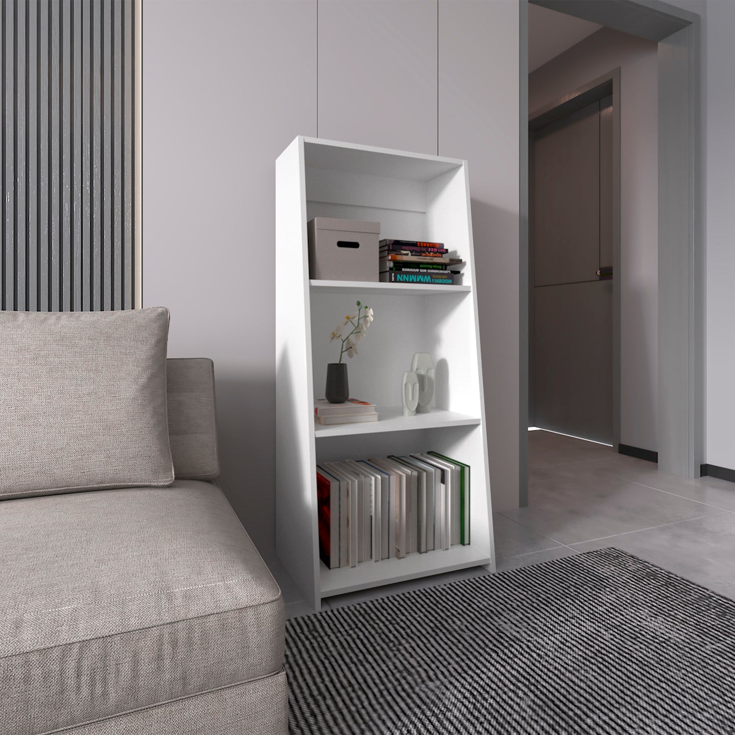 White modern leaning bookshelf filled with books and decor