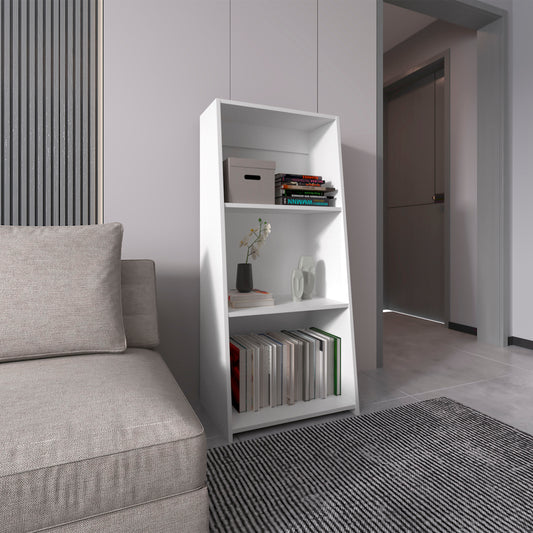 White modern leaning bookshelf filled with books and decor