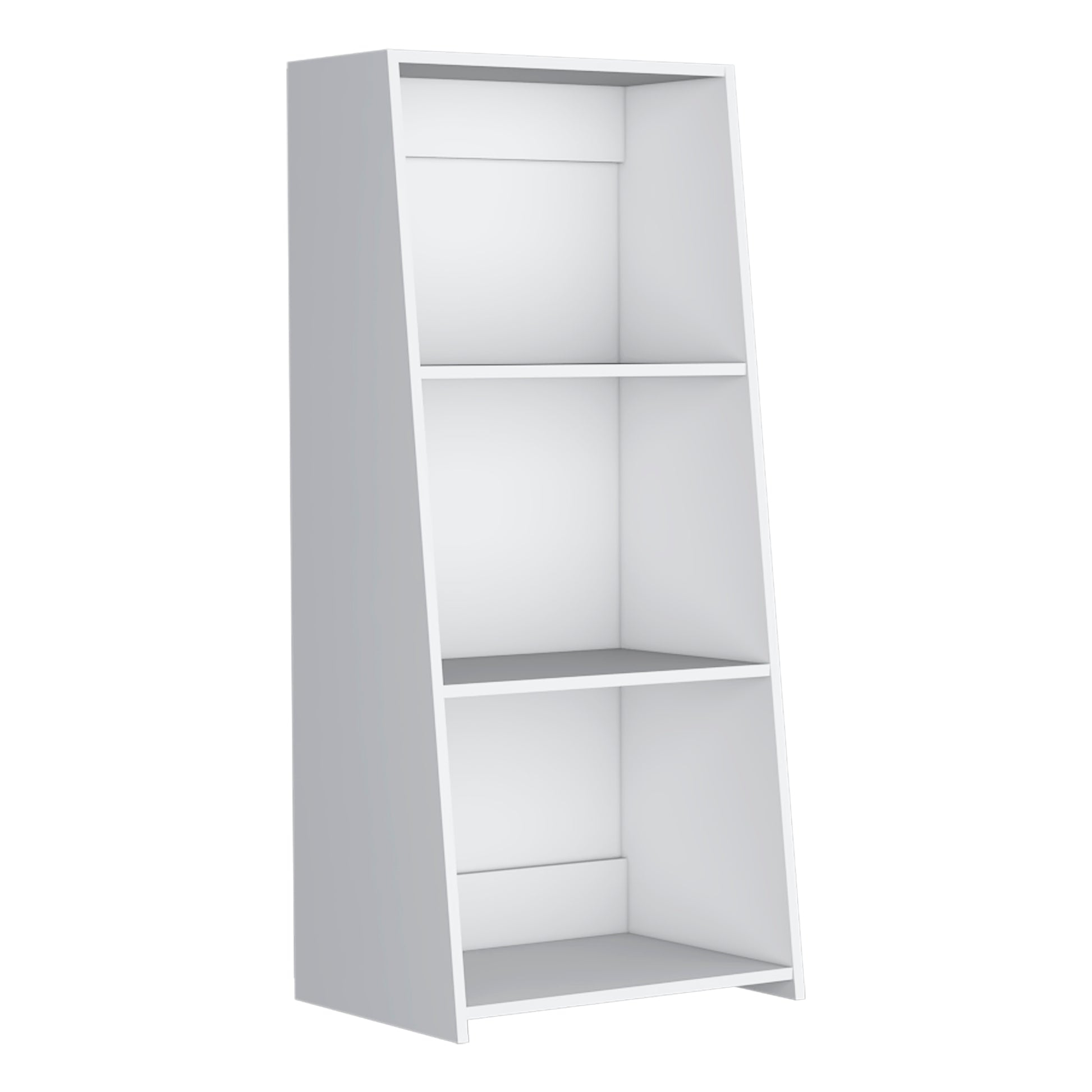 White leaning shelf unit with three open storage compartments