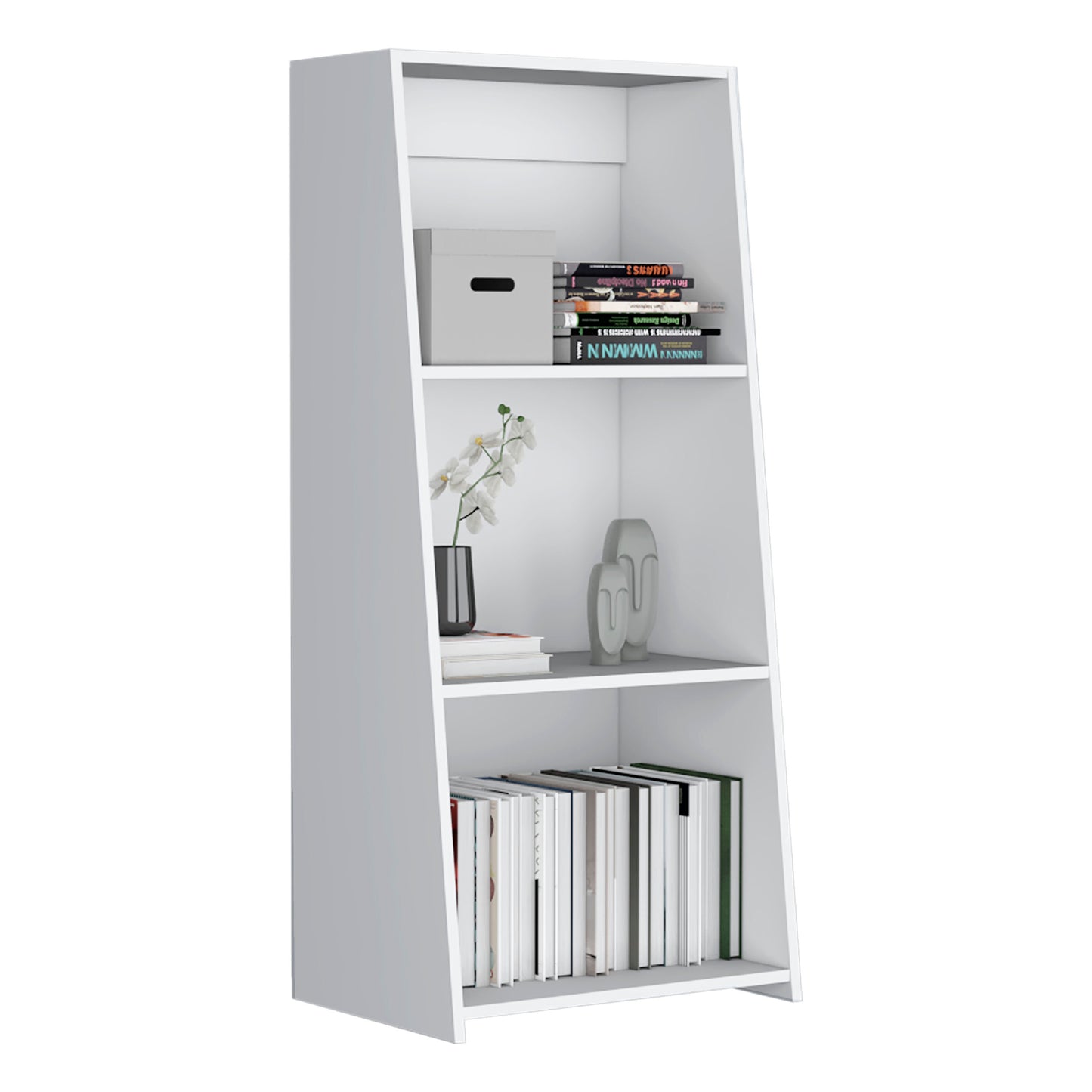 Modern white tall bookshelf with open shelves
