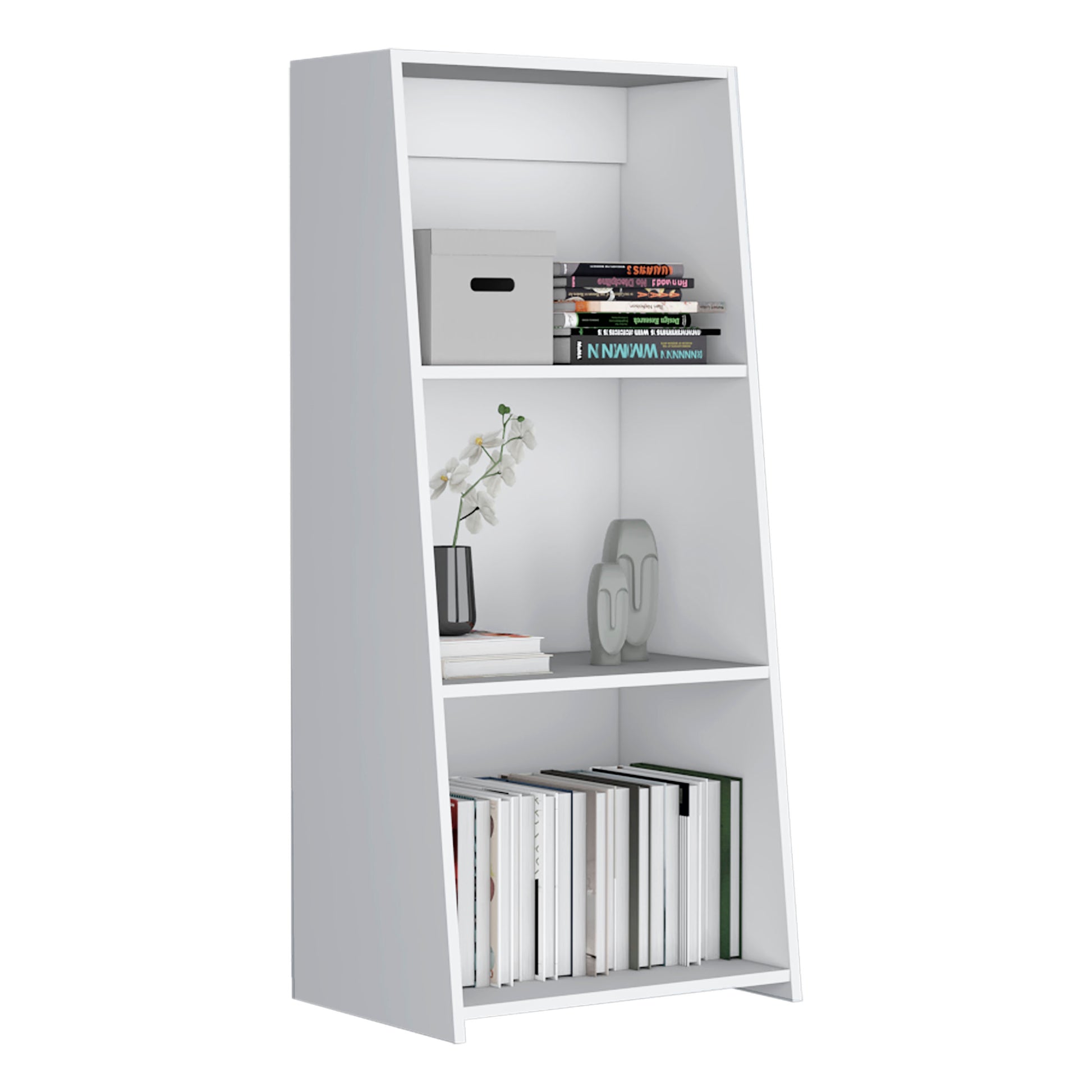 Modern white tall bookshelf with open shelves