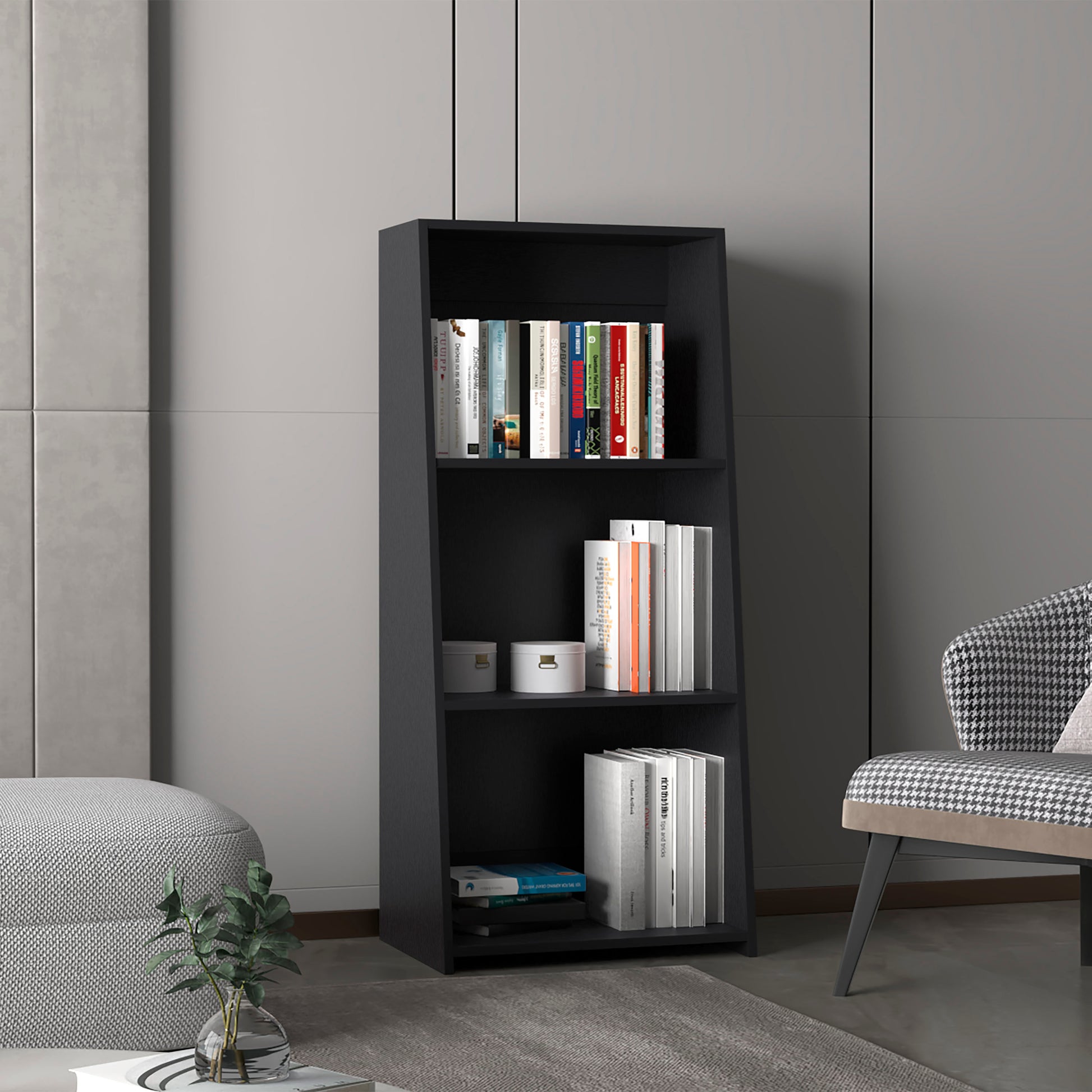 Modern black ladder bookshelf with books