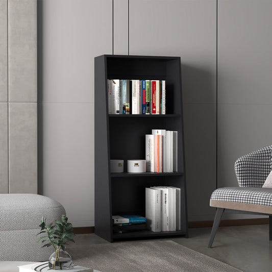 Modern black ladder bookshelf with books