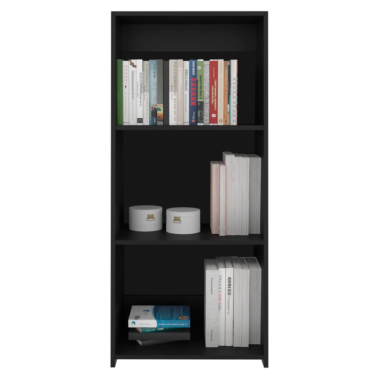 Black modern bookcase with assorted books
