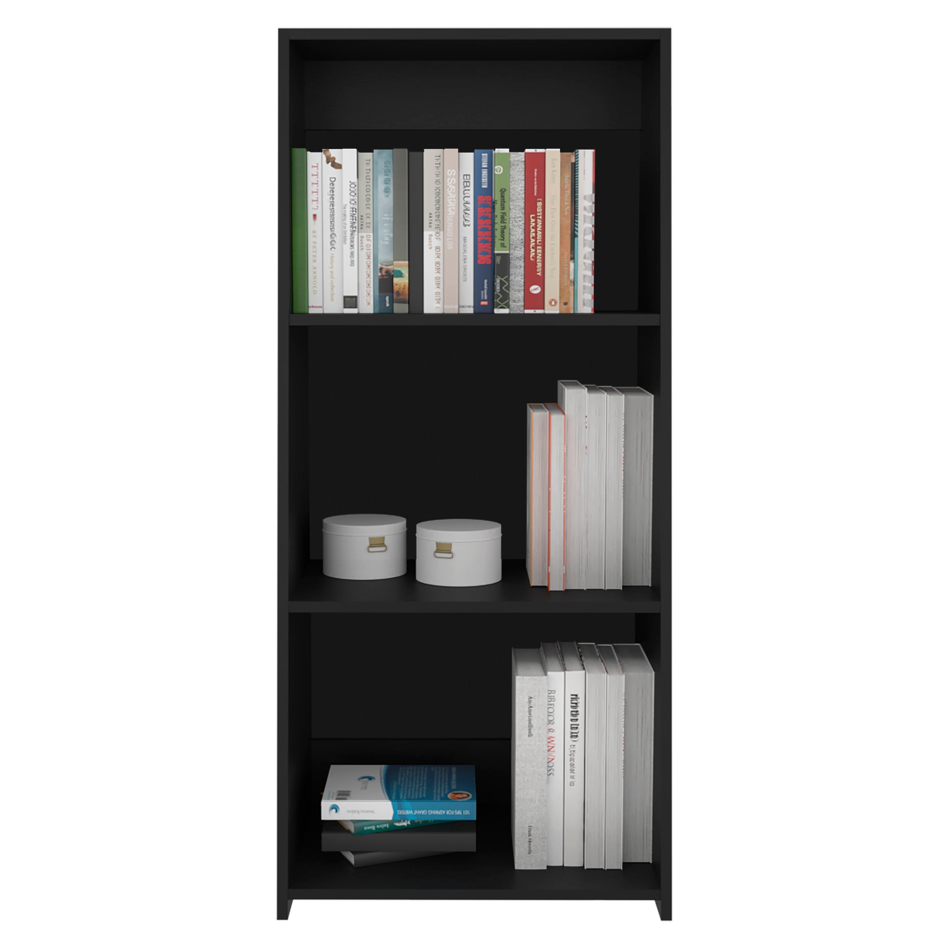 Black modern bookcase with assorted books