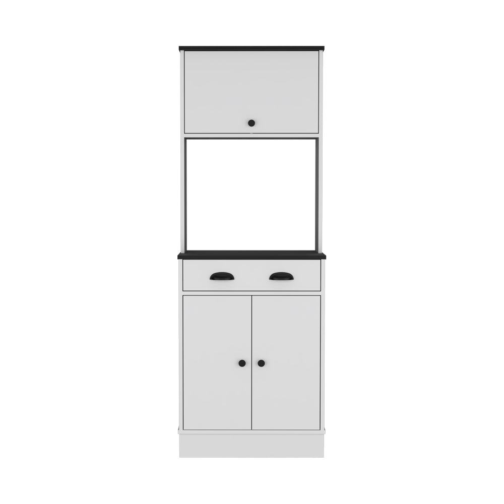 Modern white kitchen bakers rack with black accents and two doors