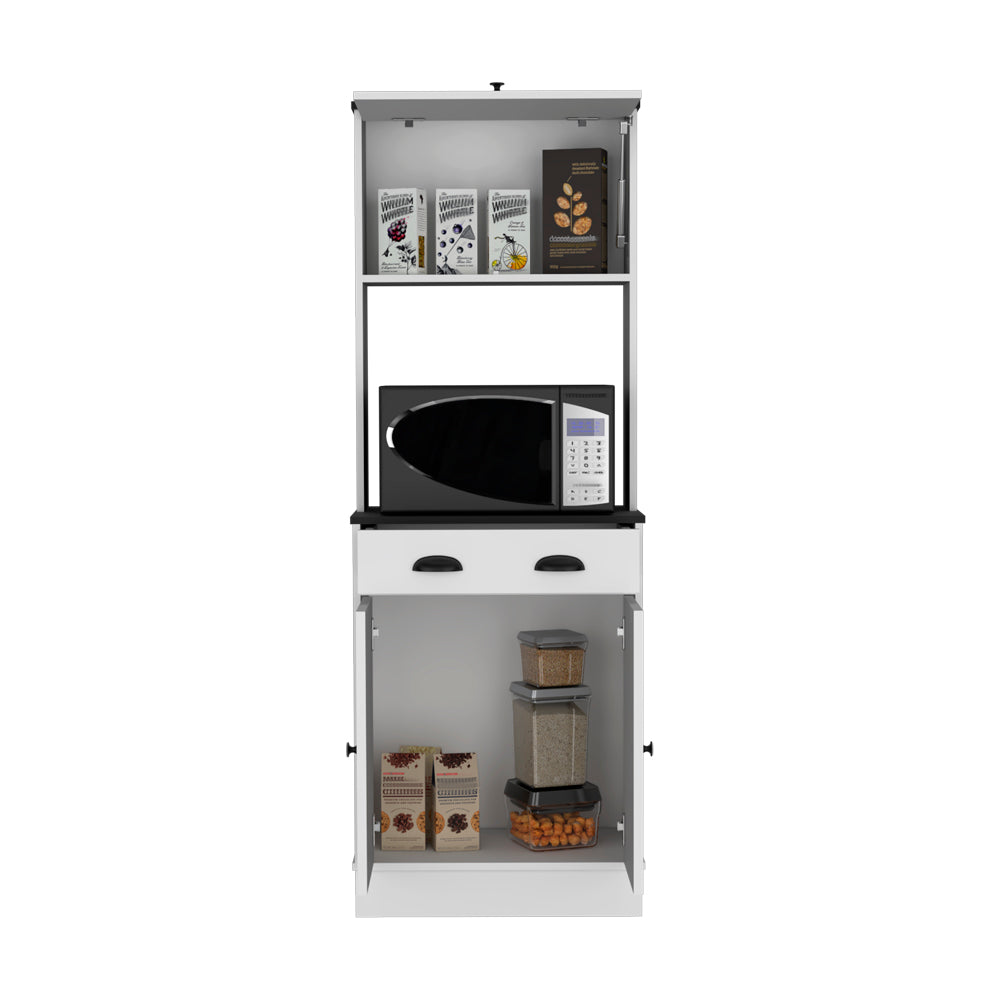 White kitchen pantry cabinet with microwave shelf and storage