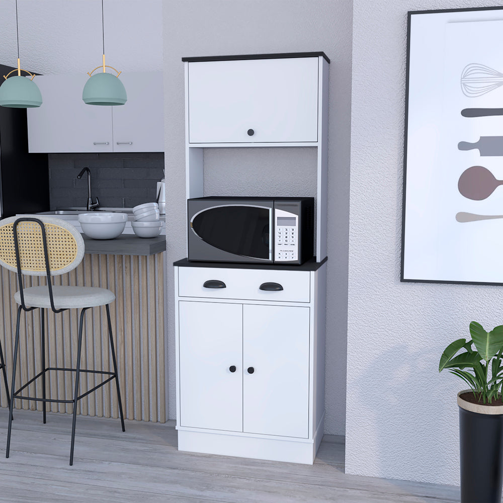 White microwave stand with black countertop and open shelving unit