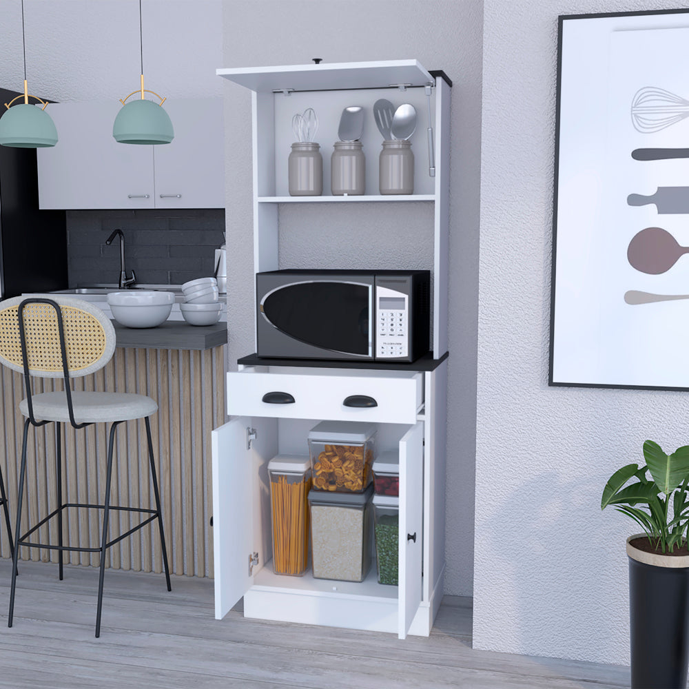 White kitchen cabinet with microwave and open doors