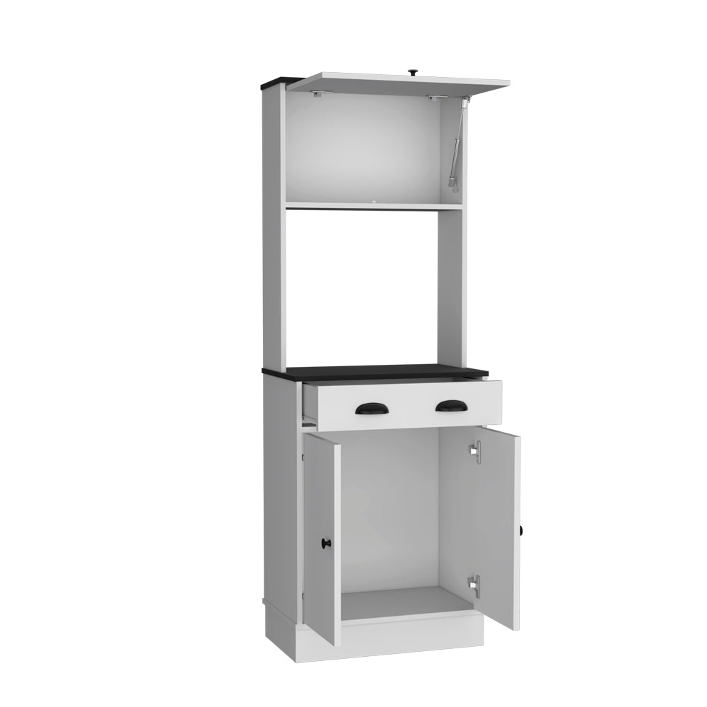 White kitchen hutch with open cabinet doors and one open drawer