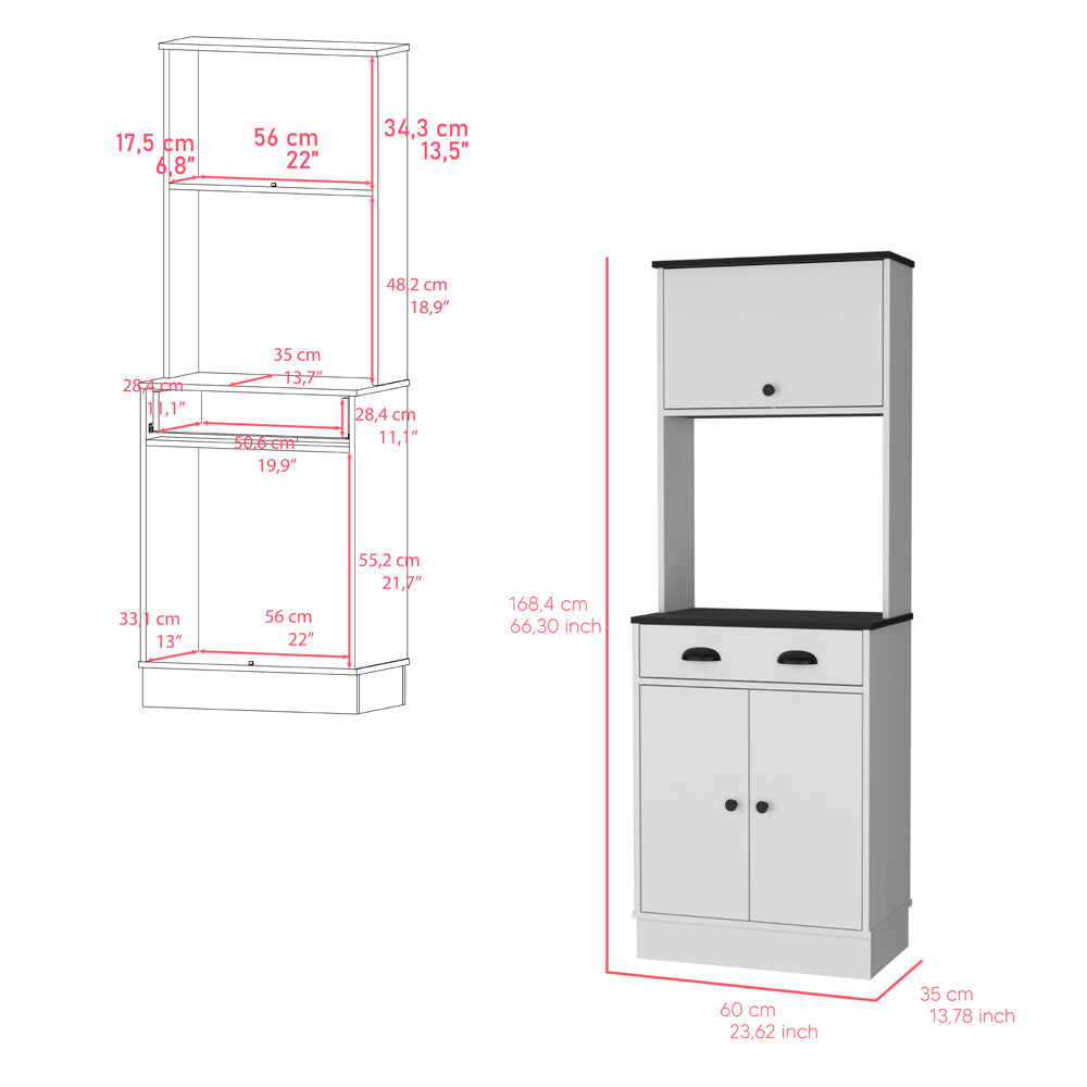 White kitchen bakers rack with two doors and one drawer