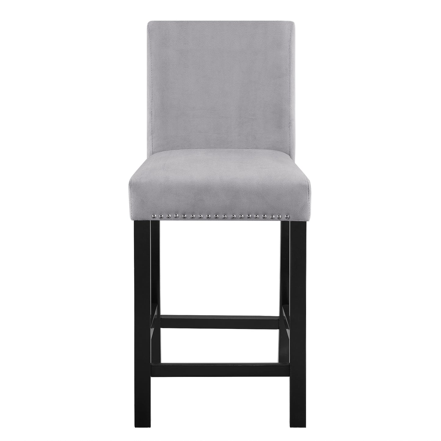 Grey velvet bar stool with silver nailhead trim and black wooden legs