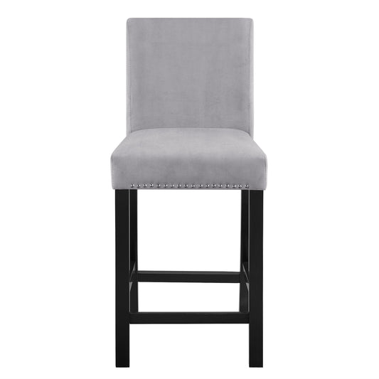 Grey velvet bar stool with silver nailhead trim and black wooden legs