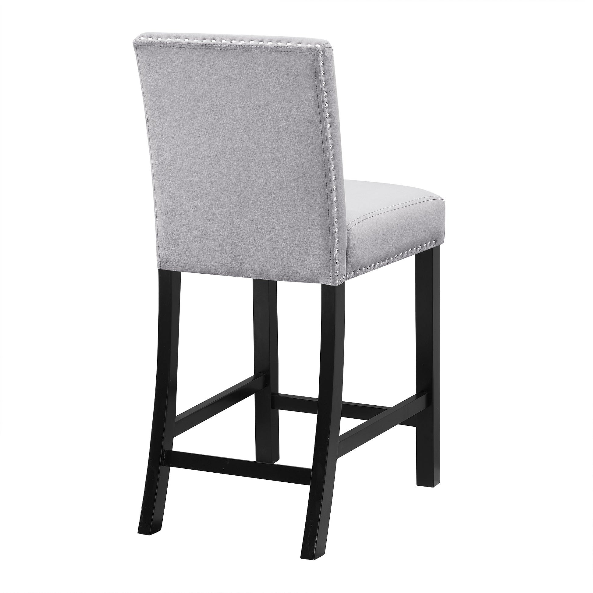 Gray velvet bar stool with silver nailhead trim and black legs
