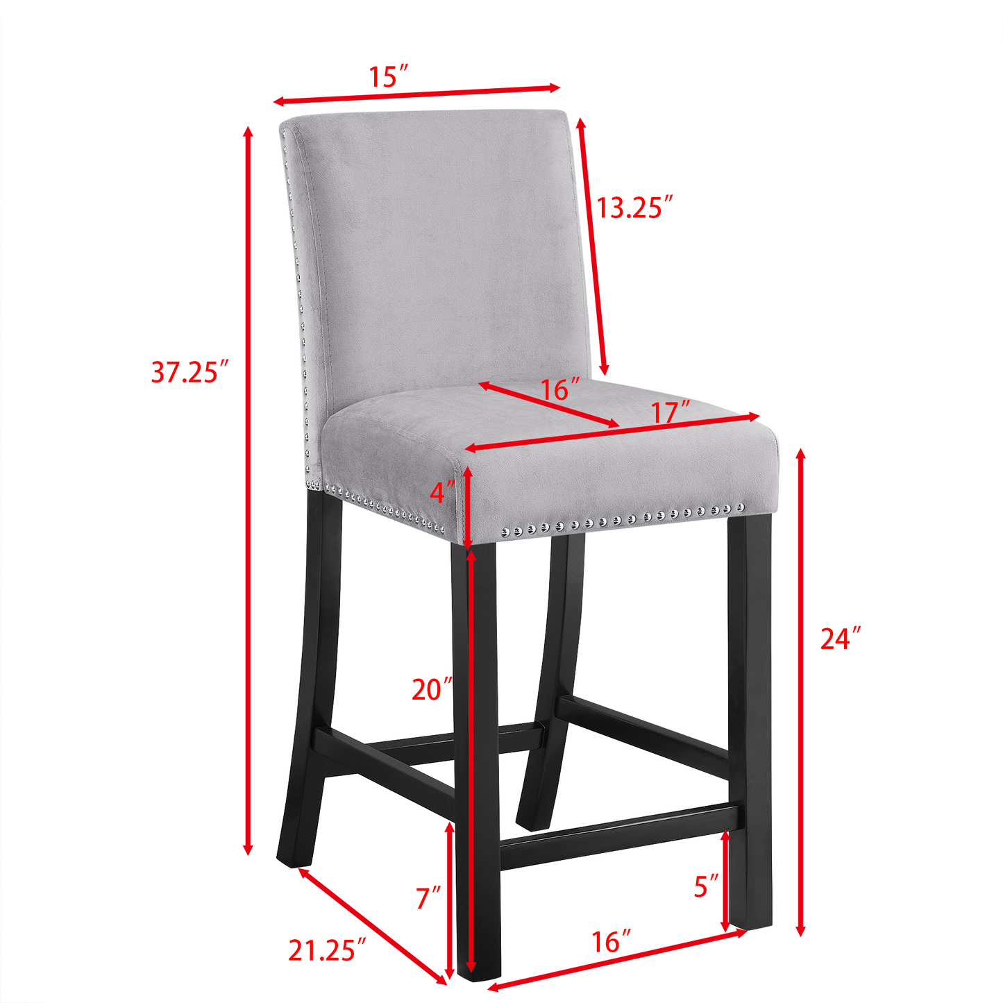 Light grey velvet bar stool with studded trim and dark wood legs
