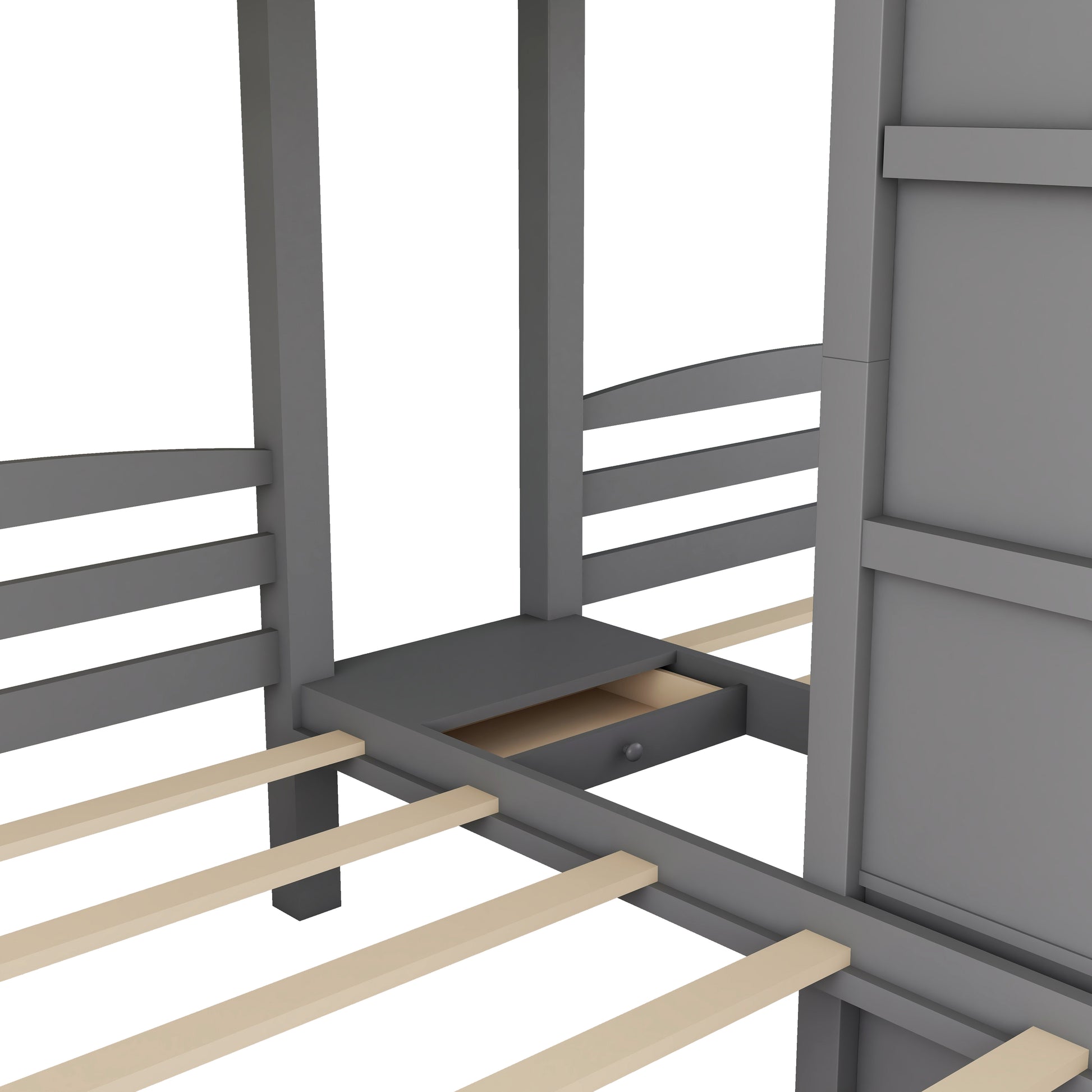 Grey wooden twin bed frame with integrated storage drawer