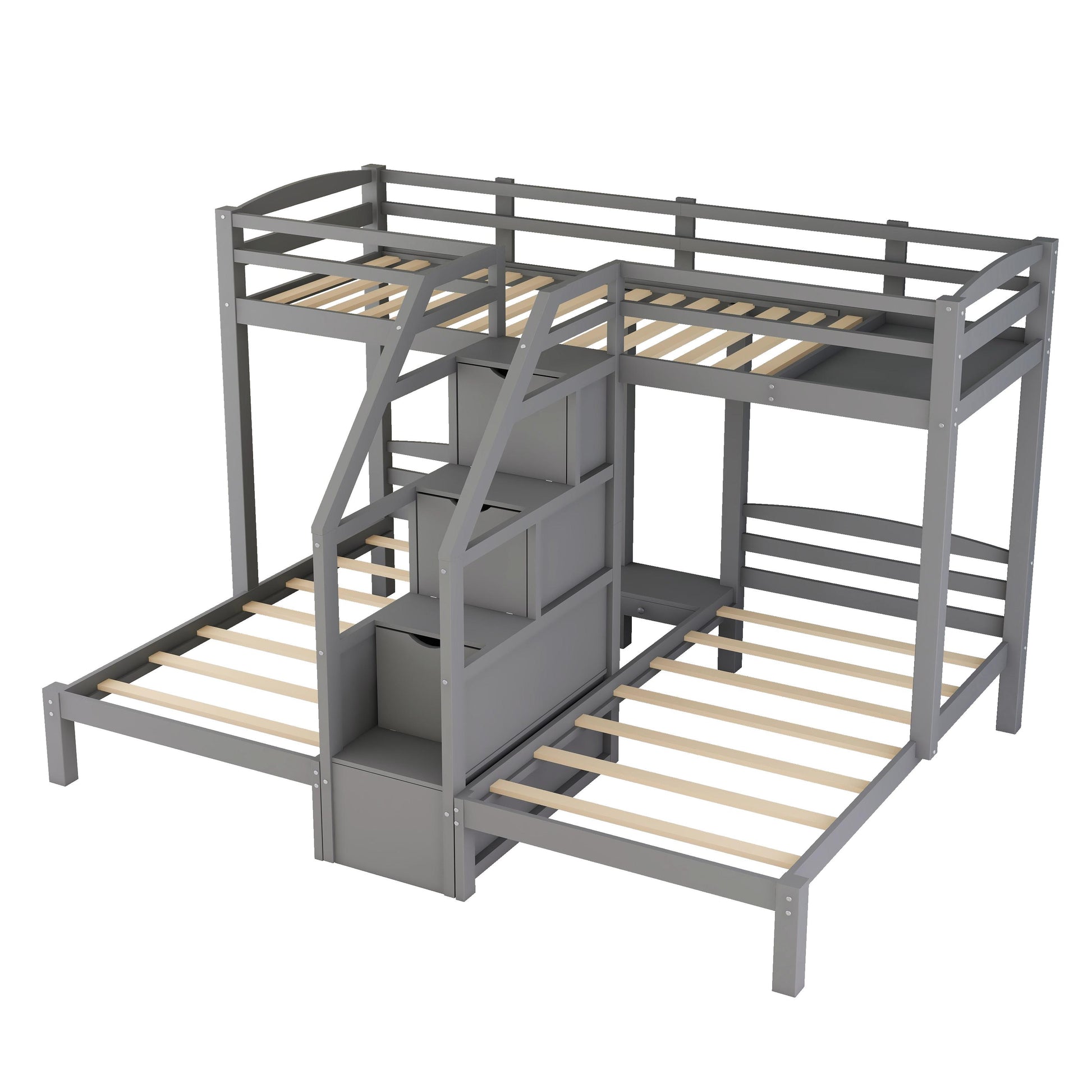 Gray wood Lshaped triple bunk bed with storage stairs