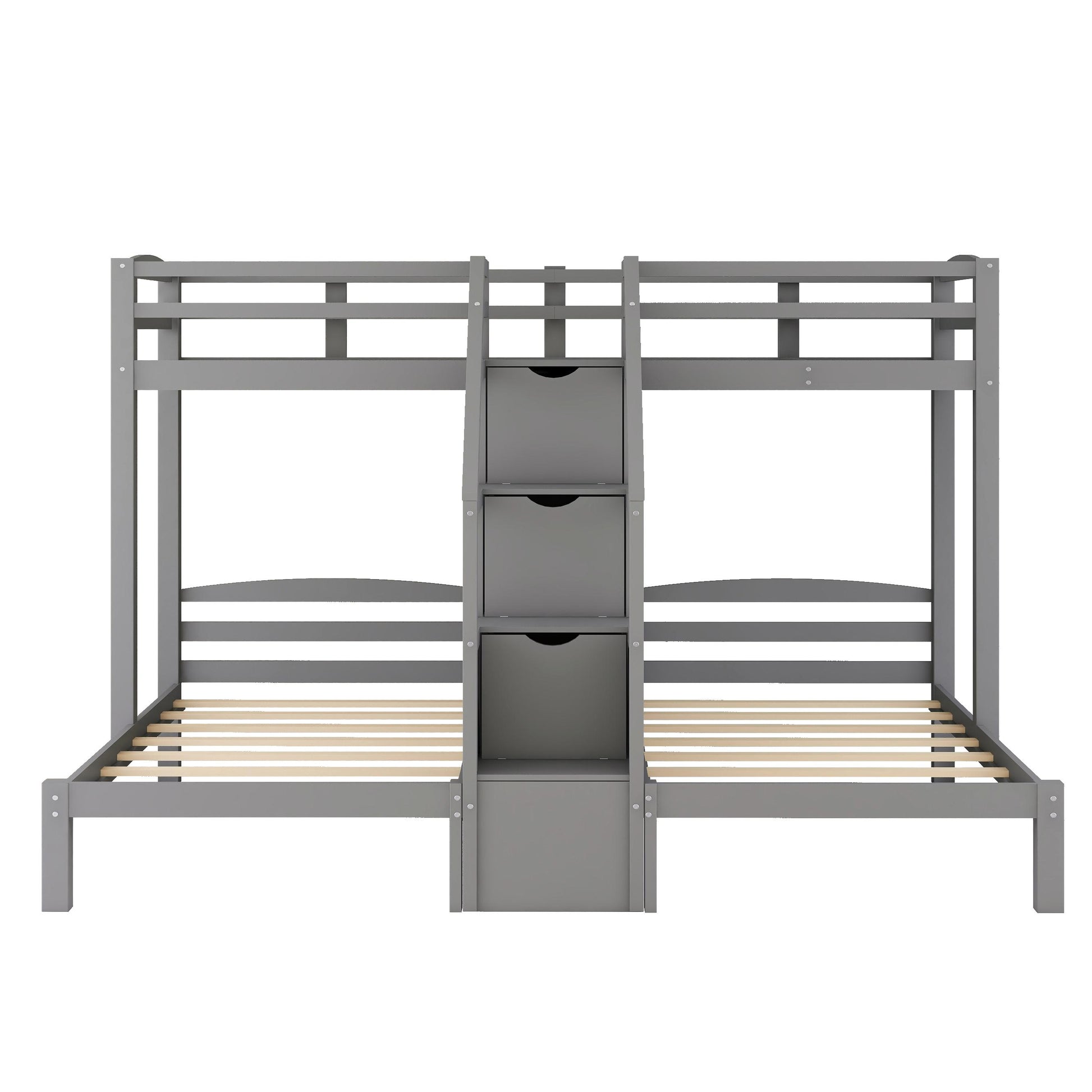 Gray twin over twin bunk bed with stairs and drawers