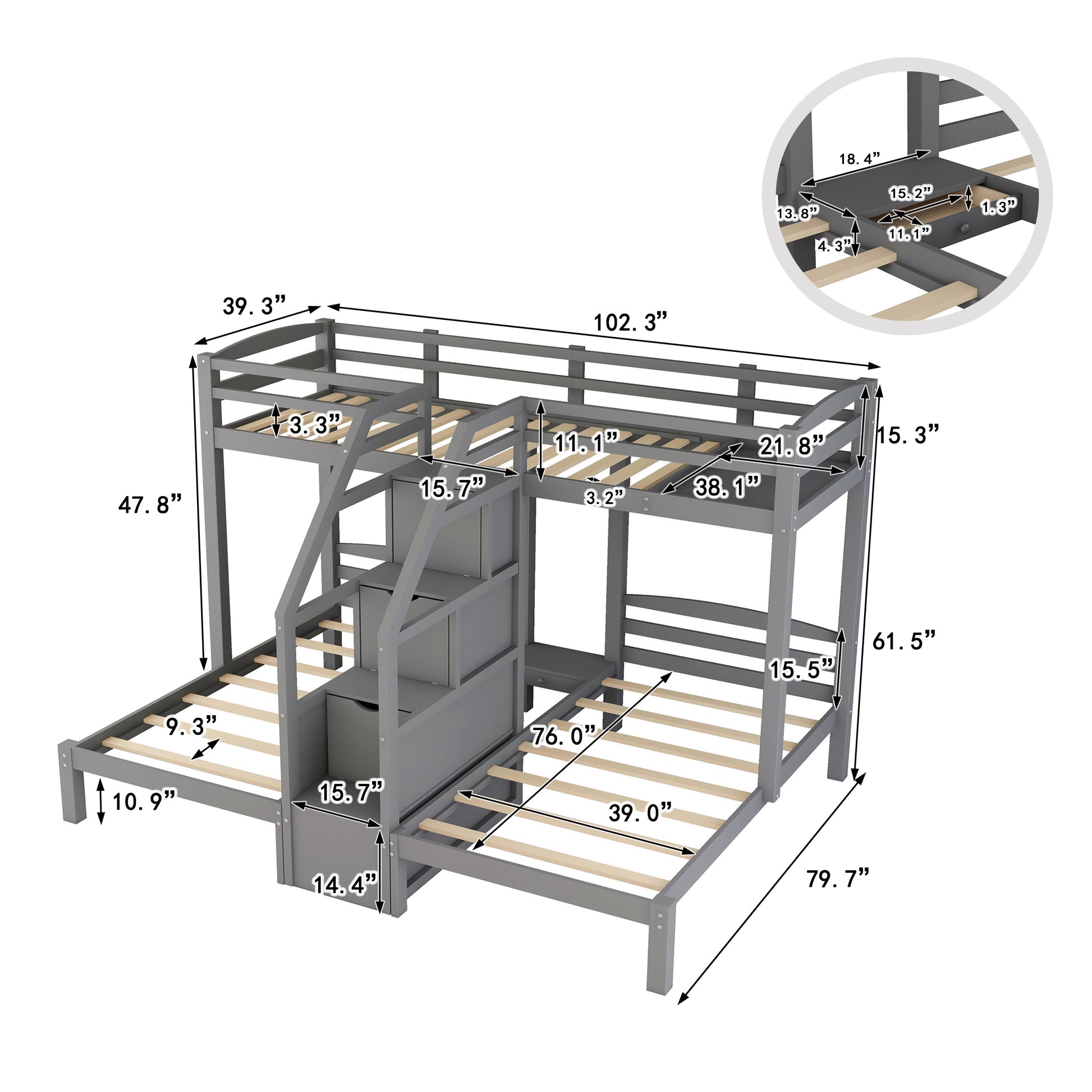 Gray wood triple bunk bed with stairs and drawers