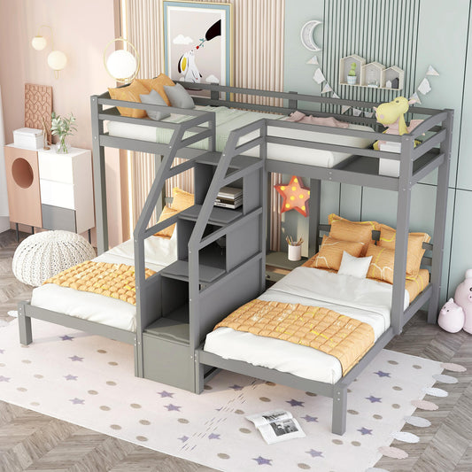 Grey wooden bunk bed with storage stairs for kids room