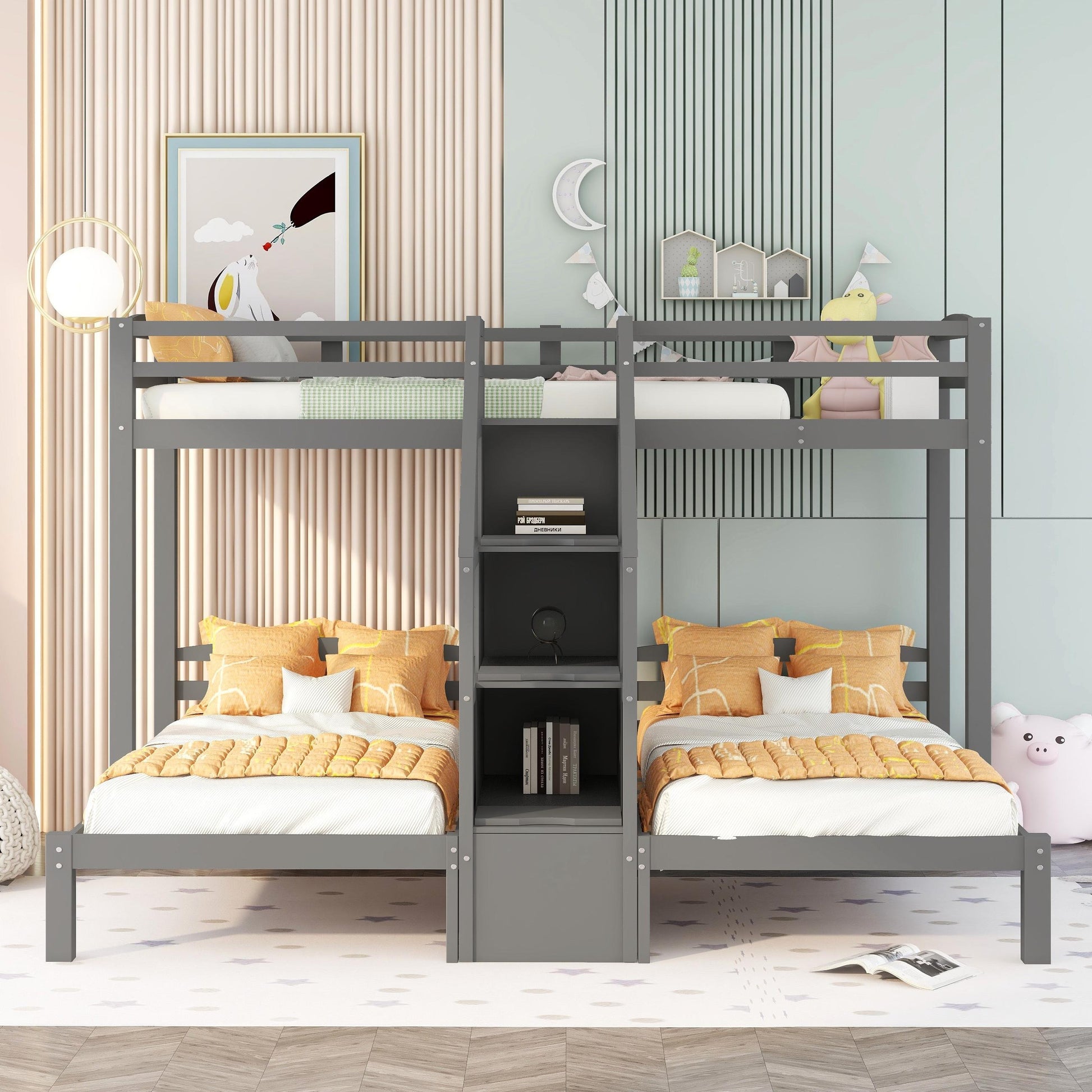 Gray wooden triple bunk bed with orange bedding and integrated shelves
