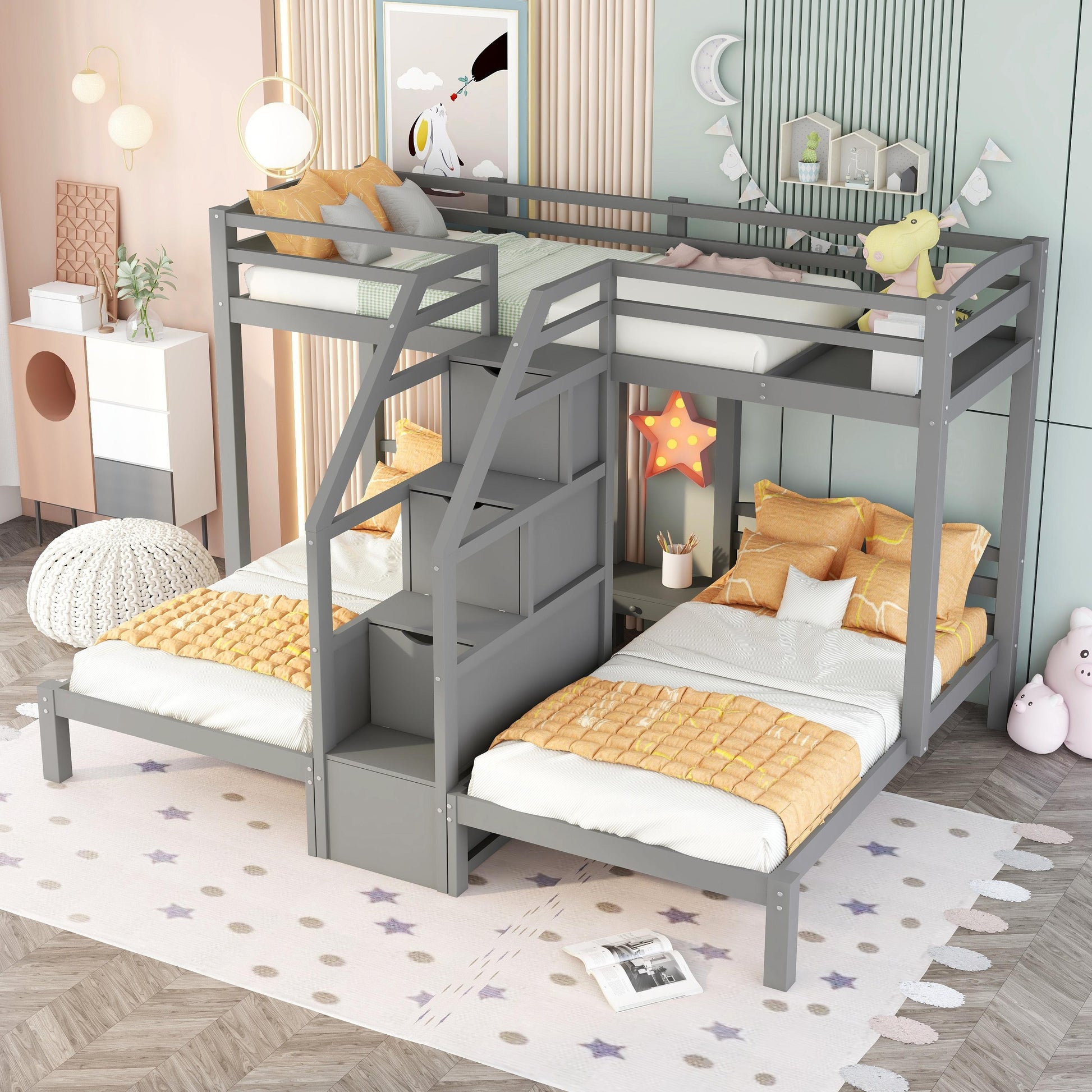 Gray wooden triple bunk bed with stairs