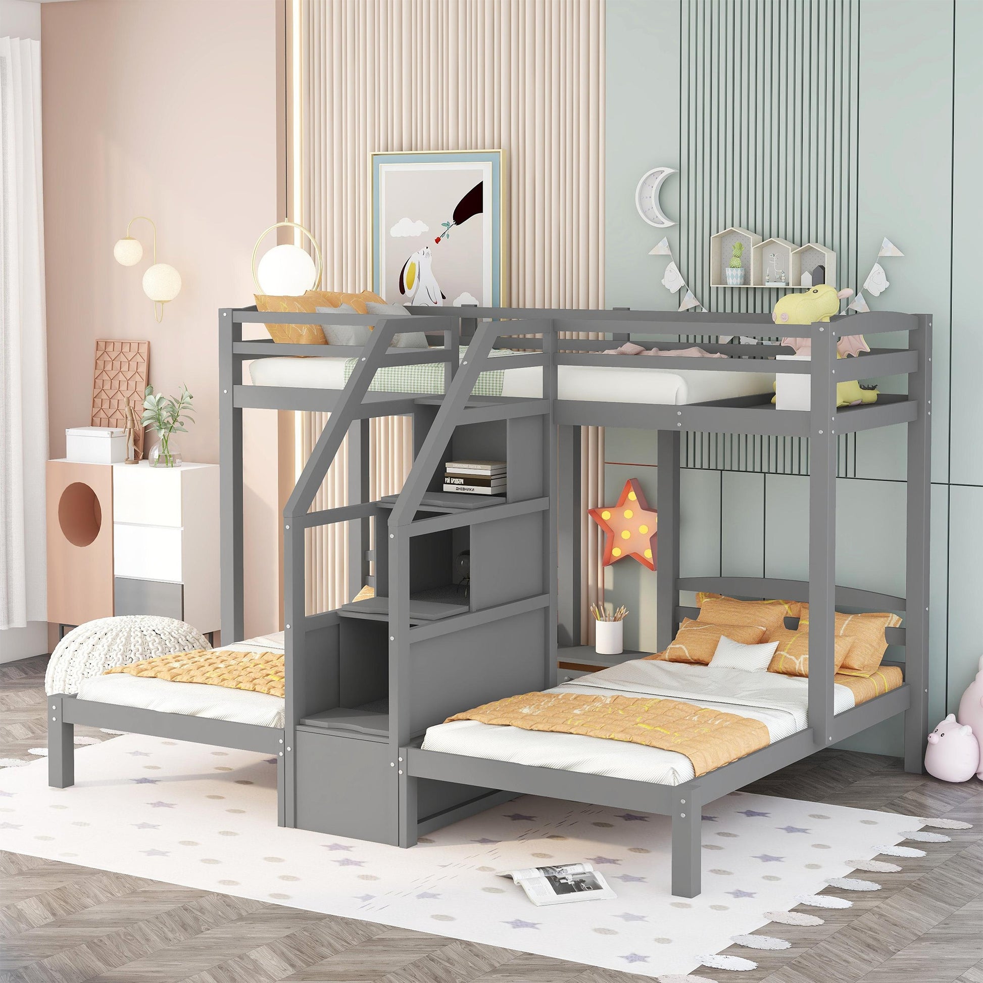Gray wooden triple bunk bed with attached storage stairs