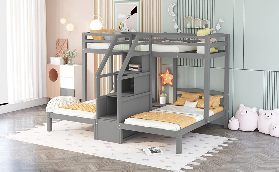 Gray triple bunk bed with stairs and storage