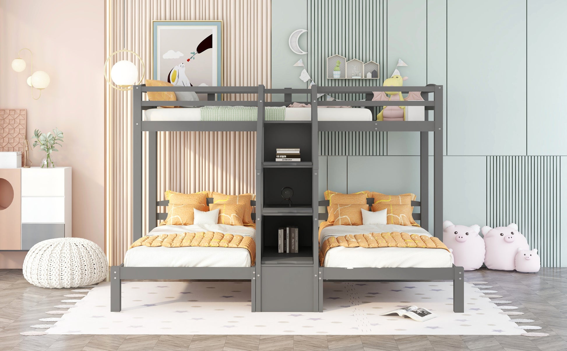 Gray twin over twin bunk bed with orange bedding and shelving unit