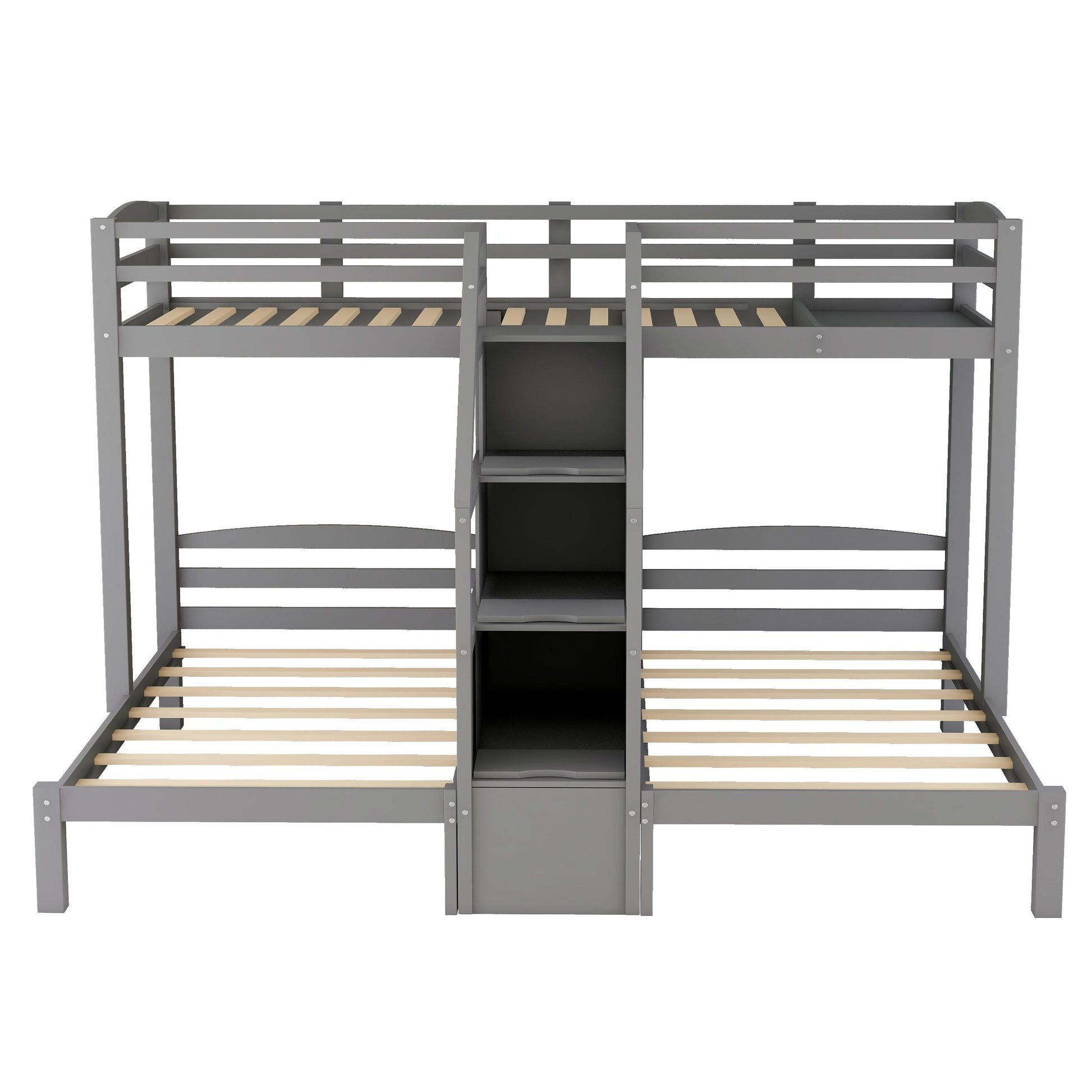 Gray wooden triple bunk bed with integrated storage