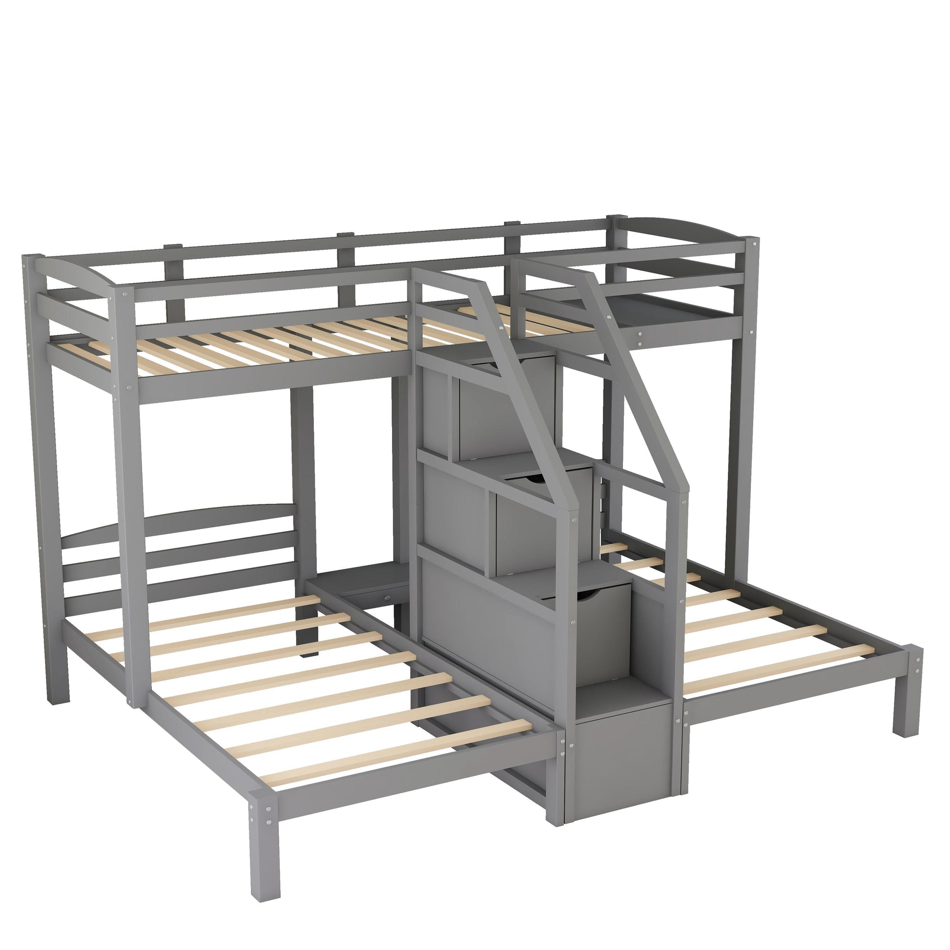 Grey wooden triple bunk bed with integrated storage stairs