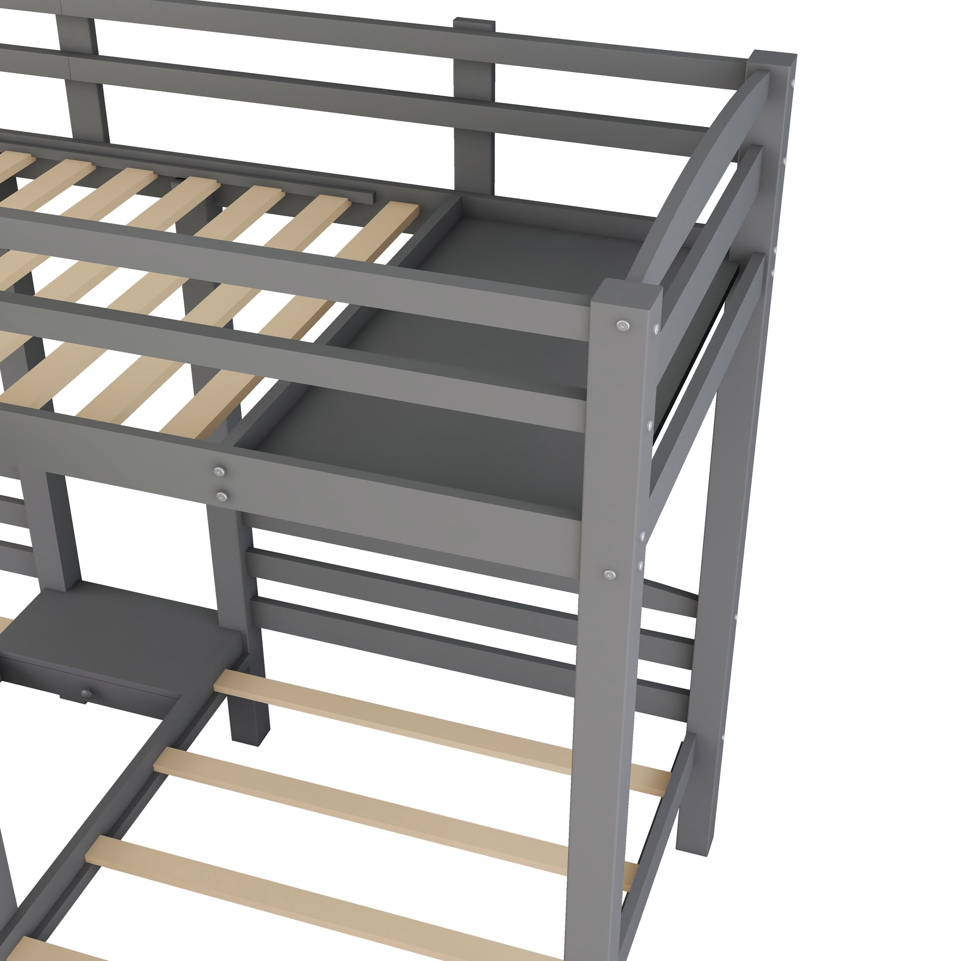 Dark gray wooden bunk bed with slatted upper and lower frame