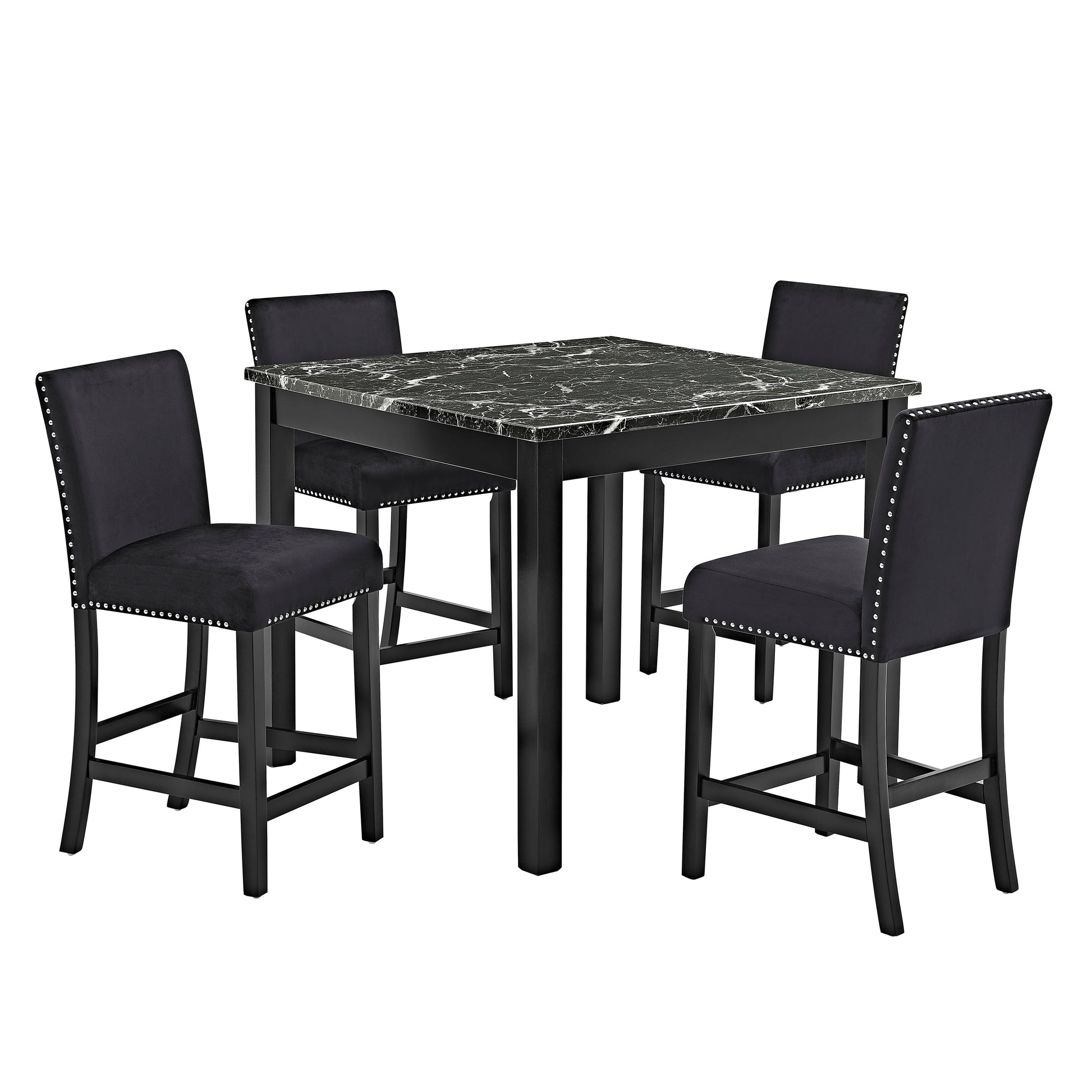 Black velvet bar stools with silver nailhead trim around a square marbletop counter table