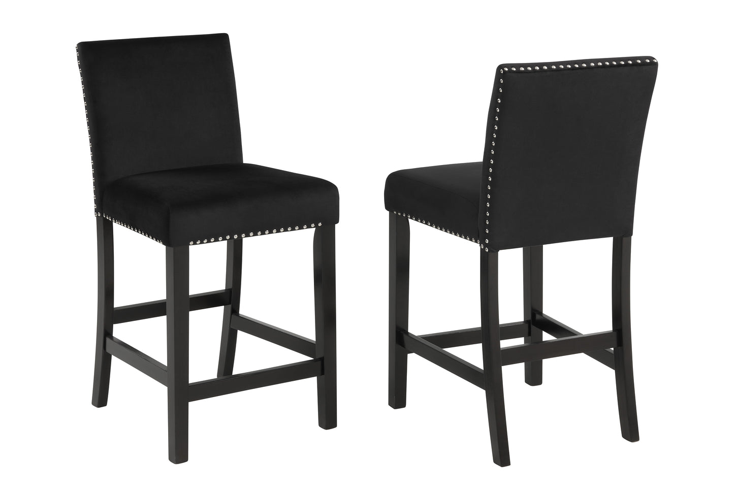 Black velvet bar stool with silver nailhead trim and dark wood legs