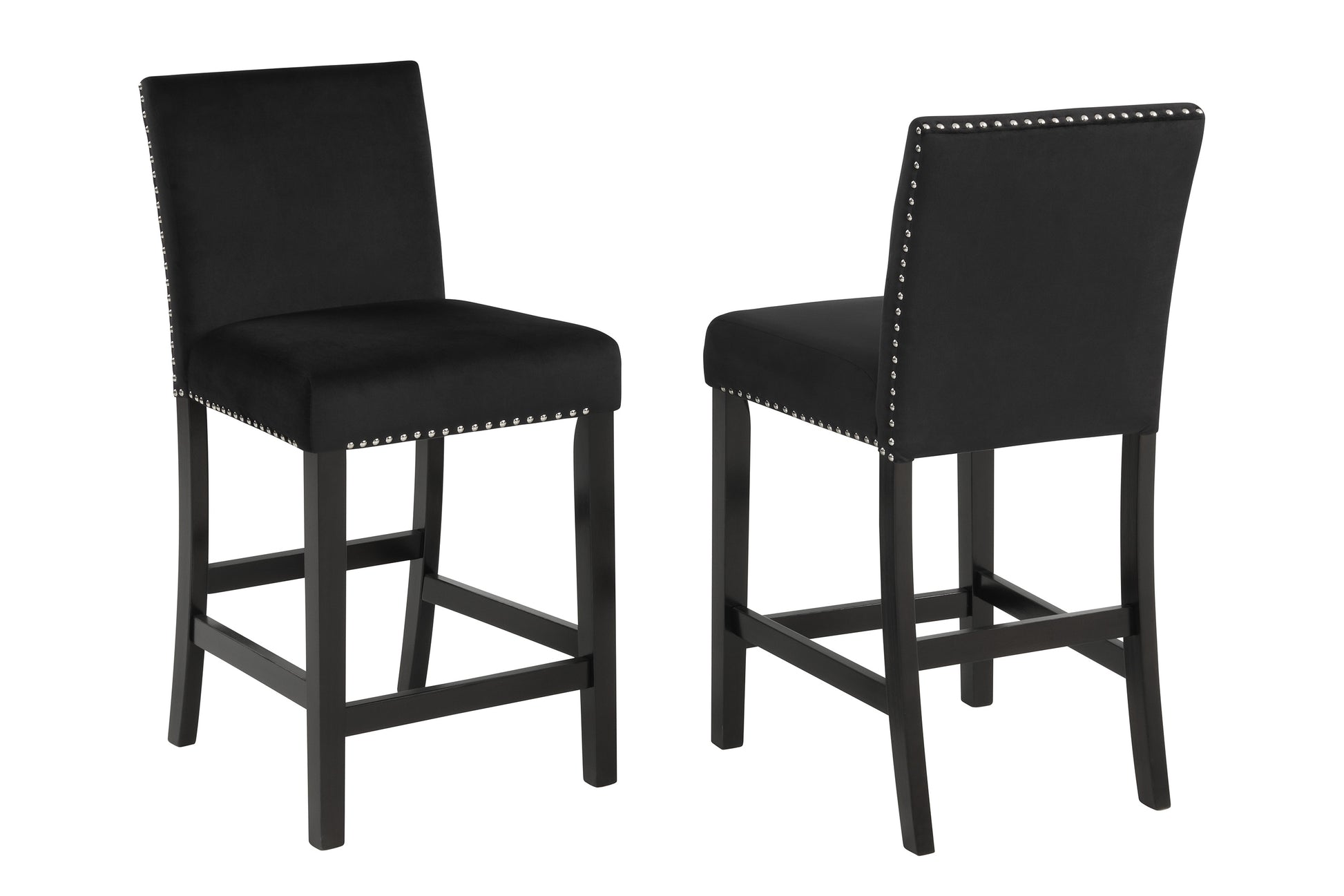 Black velvet bar stool with silver nailhead trim and dark wood legs
